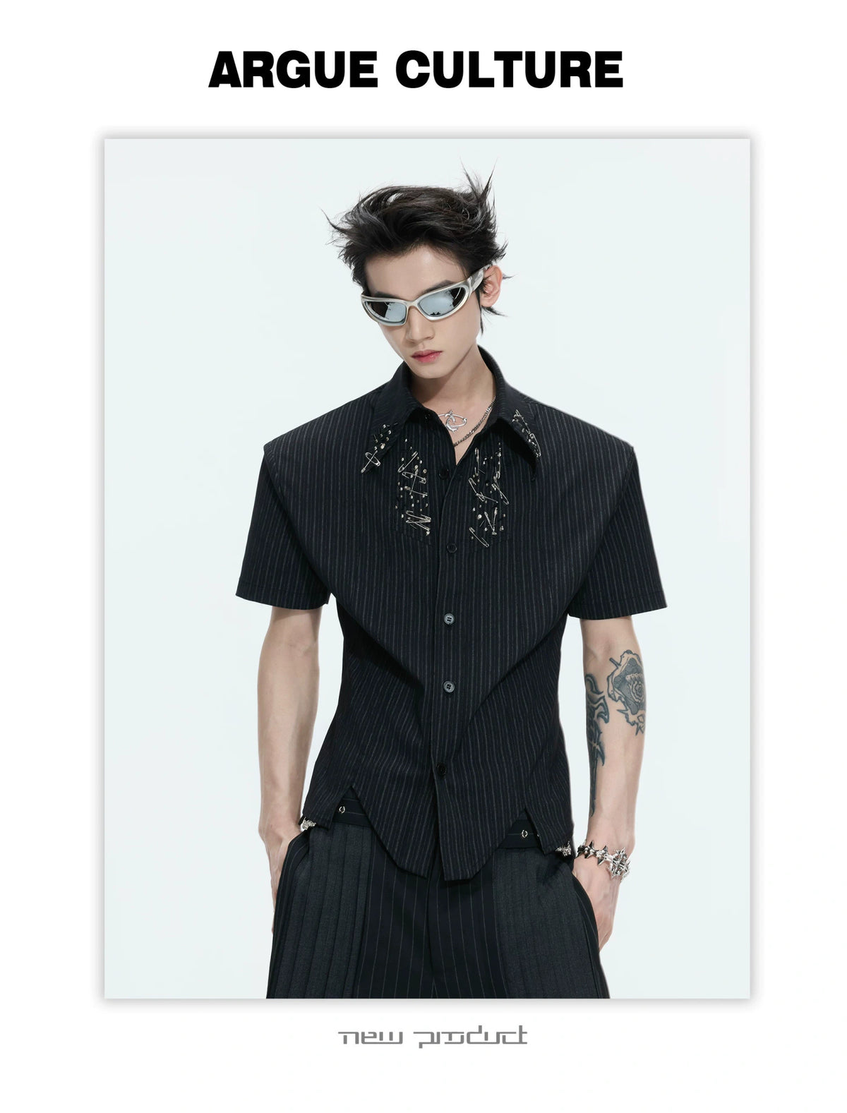 Asymmetric Stripe Shirt with Shoulder-Pad Detail | Streetwear - description image 18