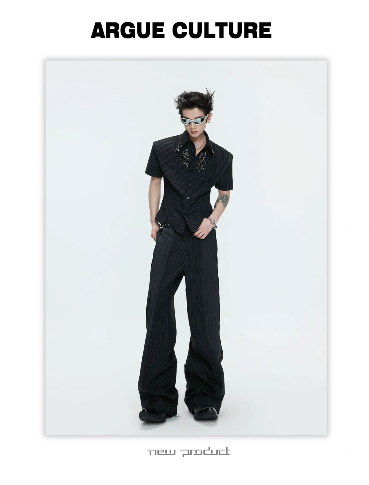 Asymmetric Stripe Shirt with Shoulder-Pad Detail | Streetwear - description image 19