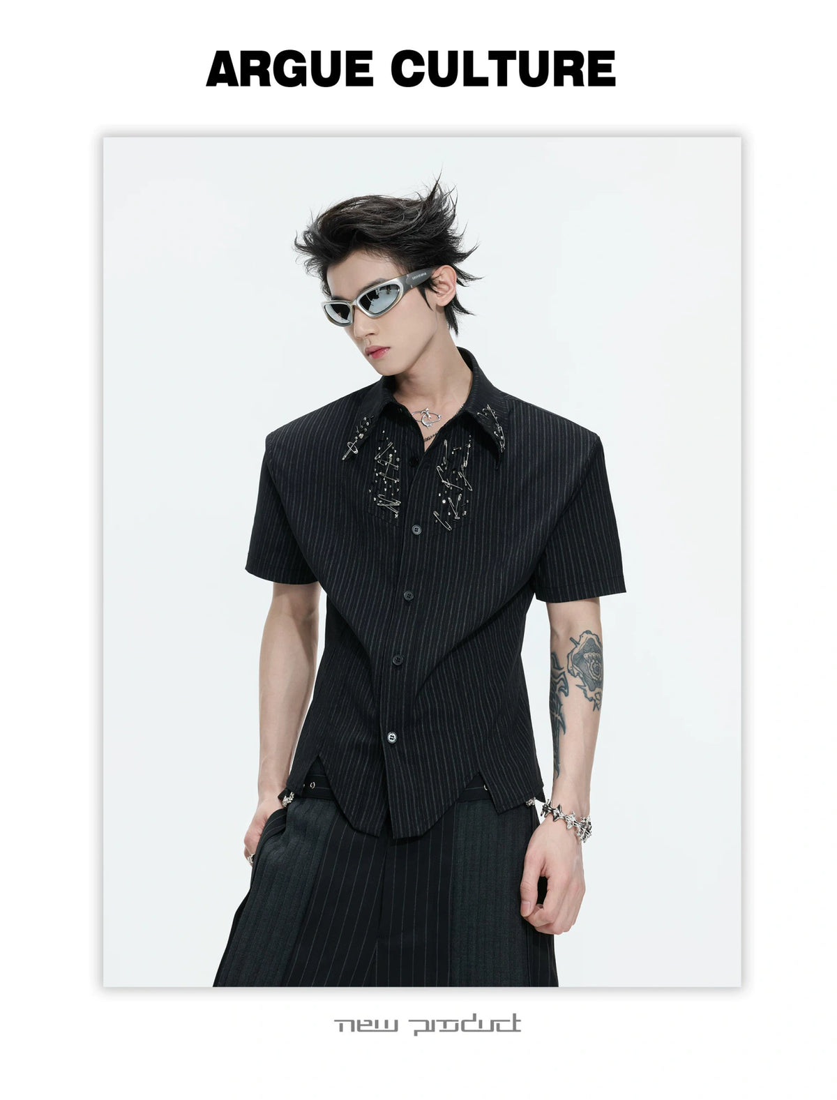 Asymmetric Stripe Shirt with Shoulder-Pad Detail | Streetwear - description image 20
