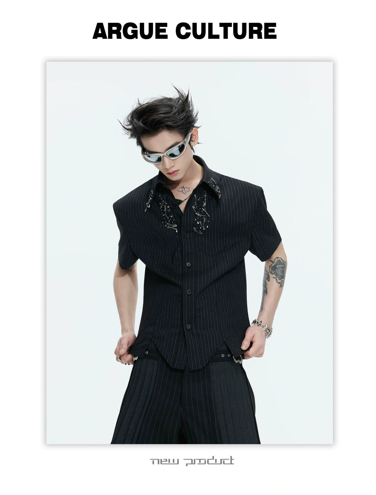 Asymmetric Stripe Shirt with Shoulder-Pad Detail | Streetwear - description image 21