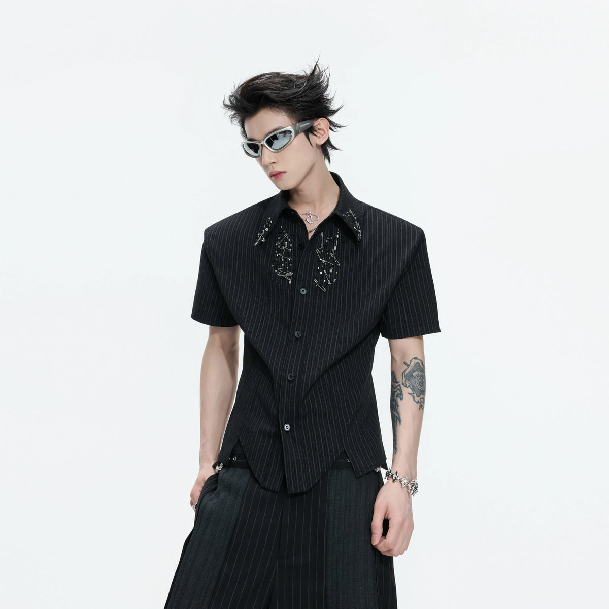 Asymmetric Stripe Shirt with Shoulder-Pad Detail | Streetwear - main image 1