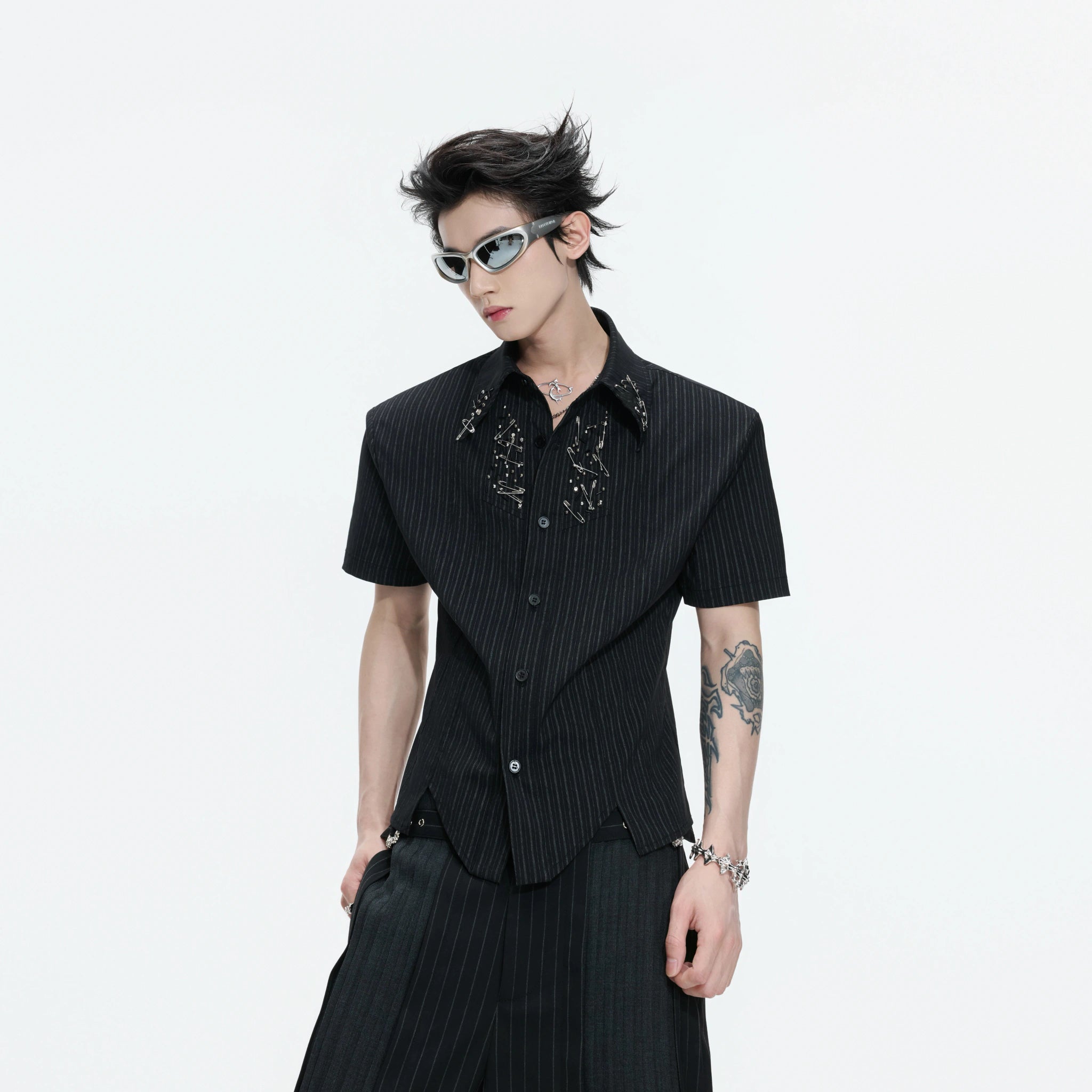 Asymmetric Stripe Shirt with Shoulder-Pad Detail | Streetwear - main image 1