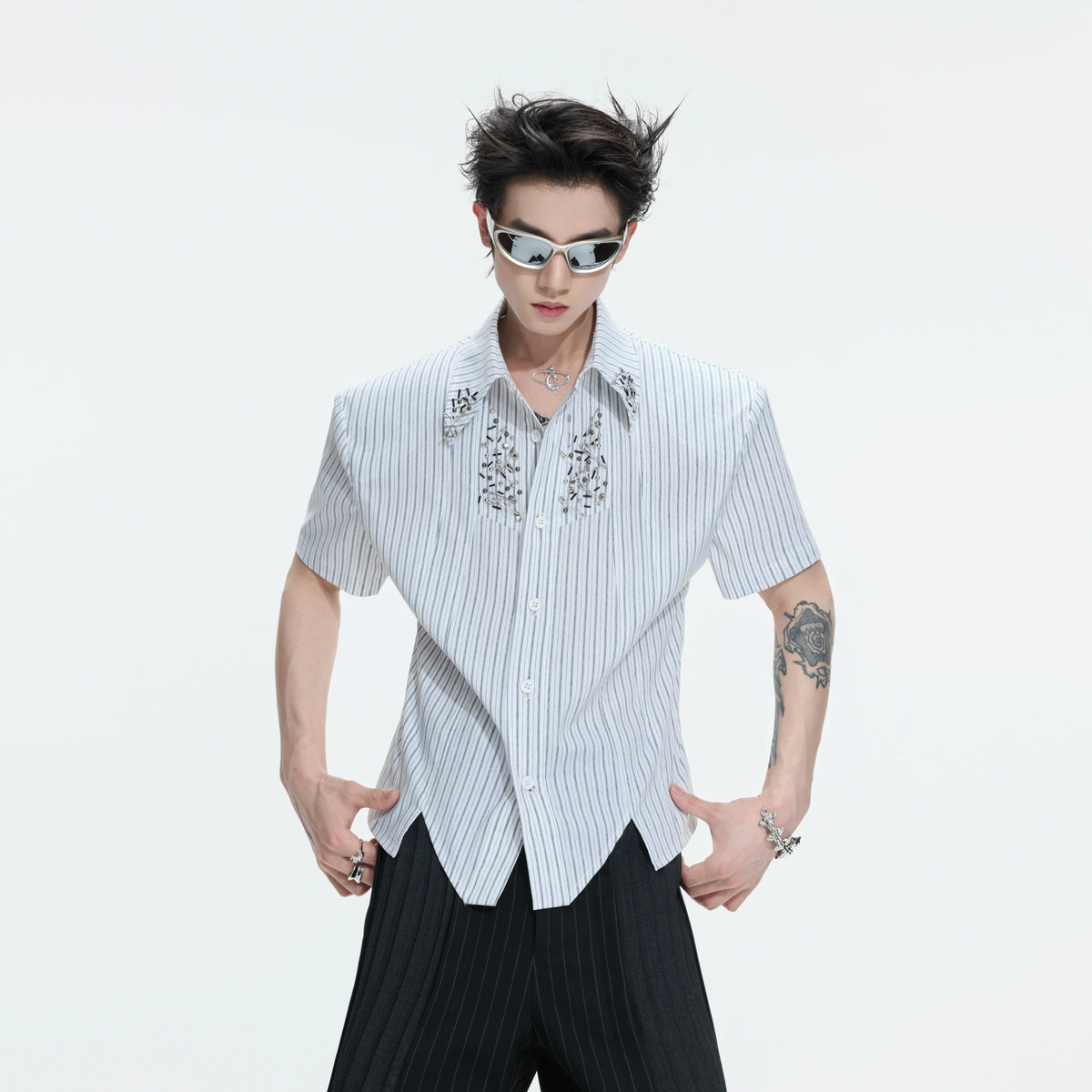Asymmetric Stripe Shirt with Shoulder-Pad Detail | Streetwear - main image 2
