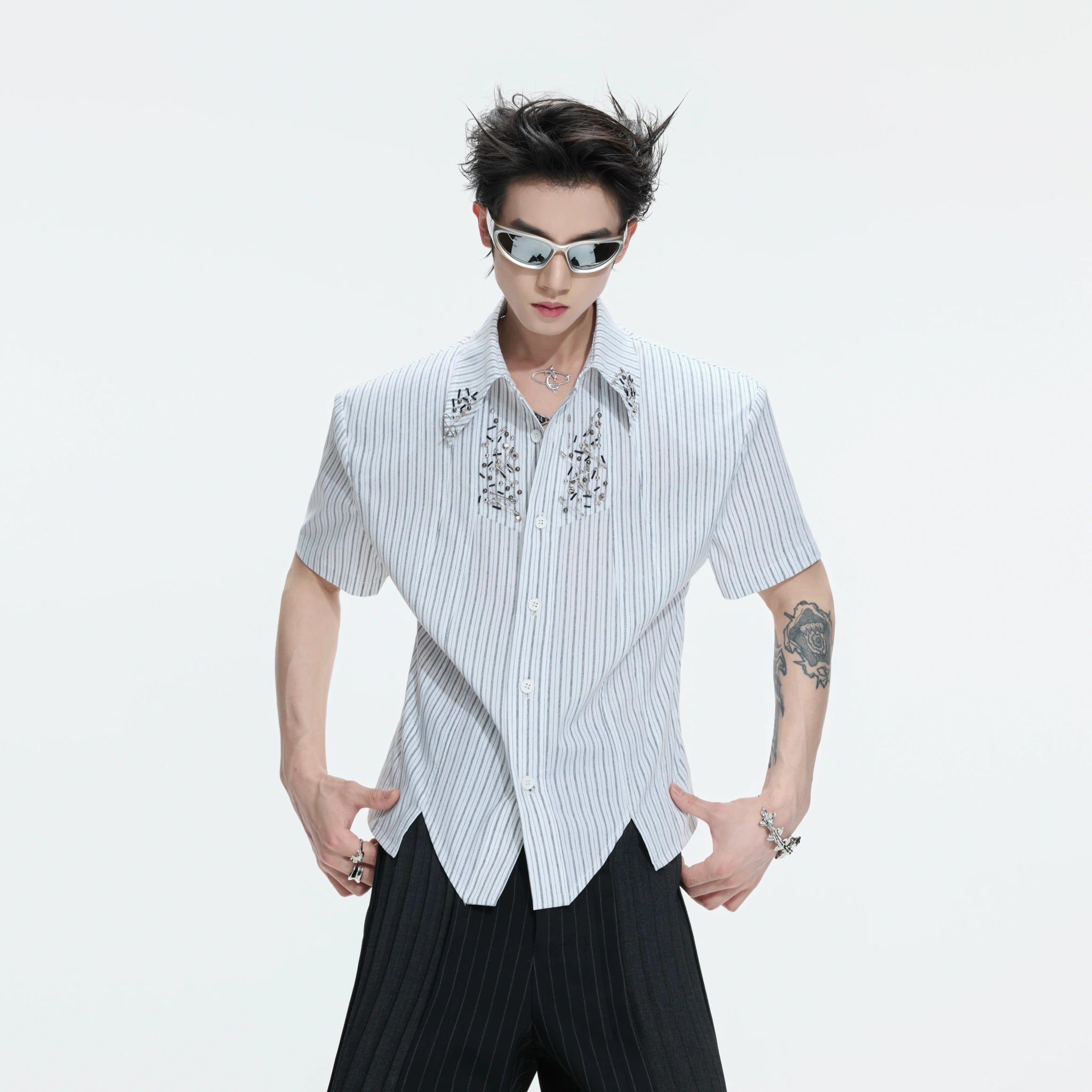 Asymmetric Stripe Shirt with Shoulder-Pad Detail | Streetwear - main image 2