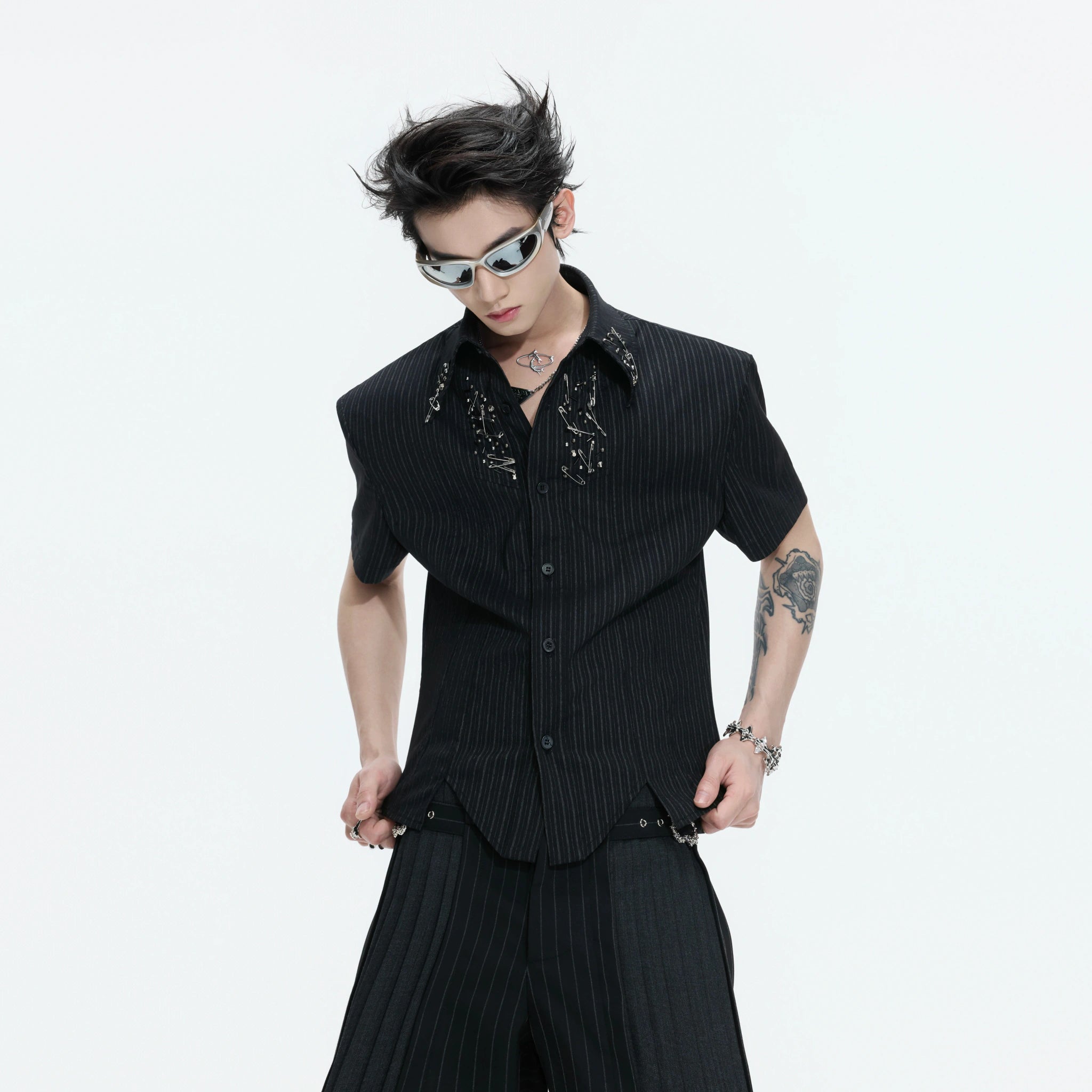 Asymmetric Stripe Shirt with Shoulder-Pad Detail | Streetwear - main image 4