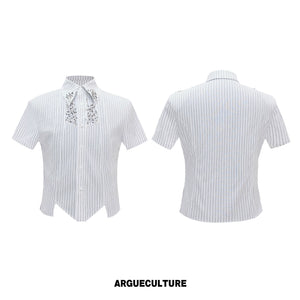 Asymmetric Stripe Shirt with Shoulder-Pad Detail | Streetwear - White