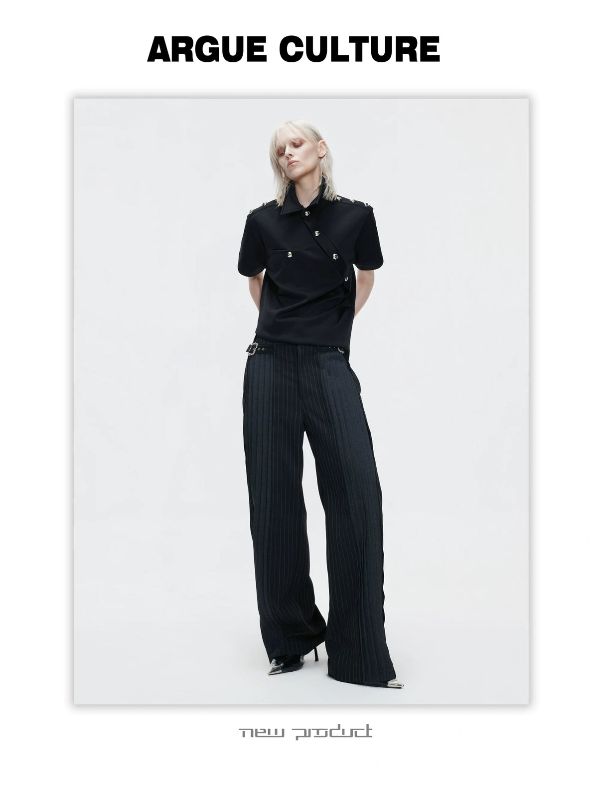 Pleated Stripe Wide-Leg Trousers in Black - description image 3