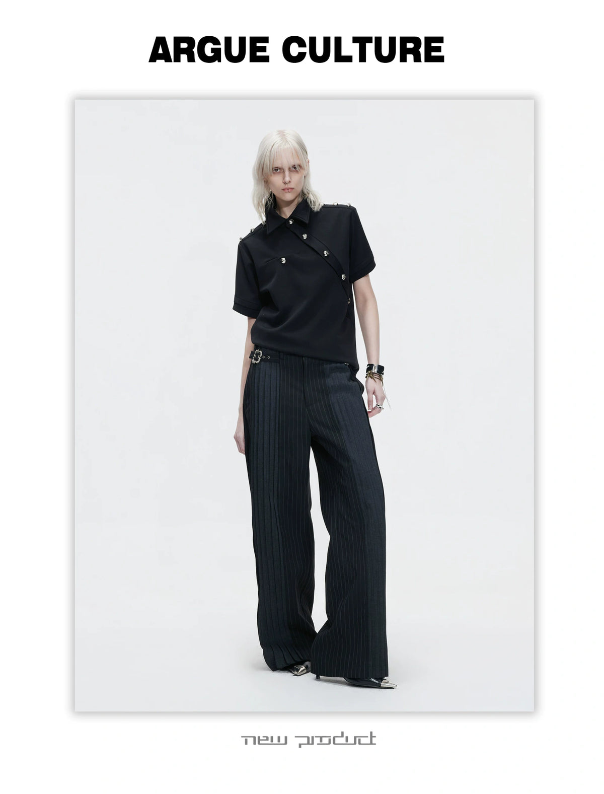 Pleated Stripe Wide-Leg Trousers in Black - description image 4