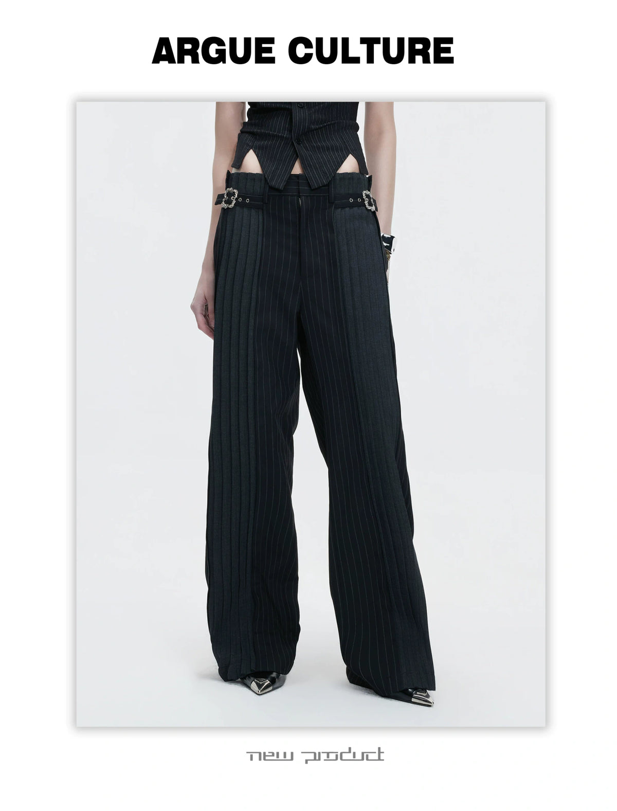 Pleated Stripe Wide-Leg Trousers in Black - description image 5