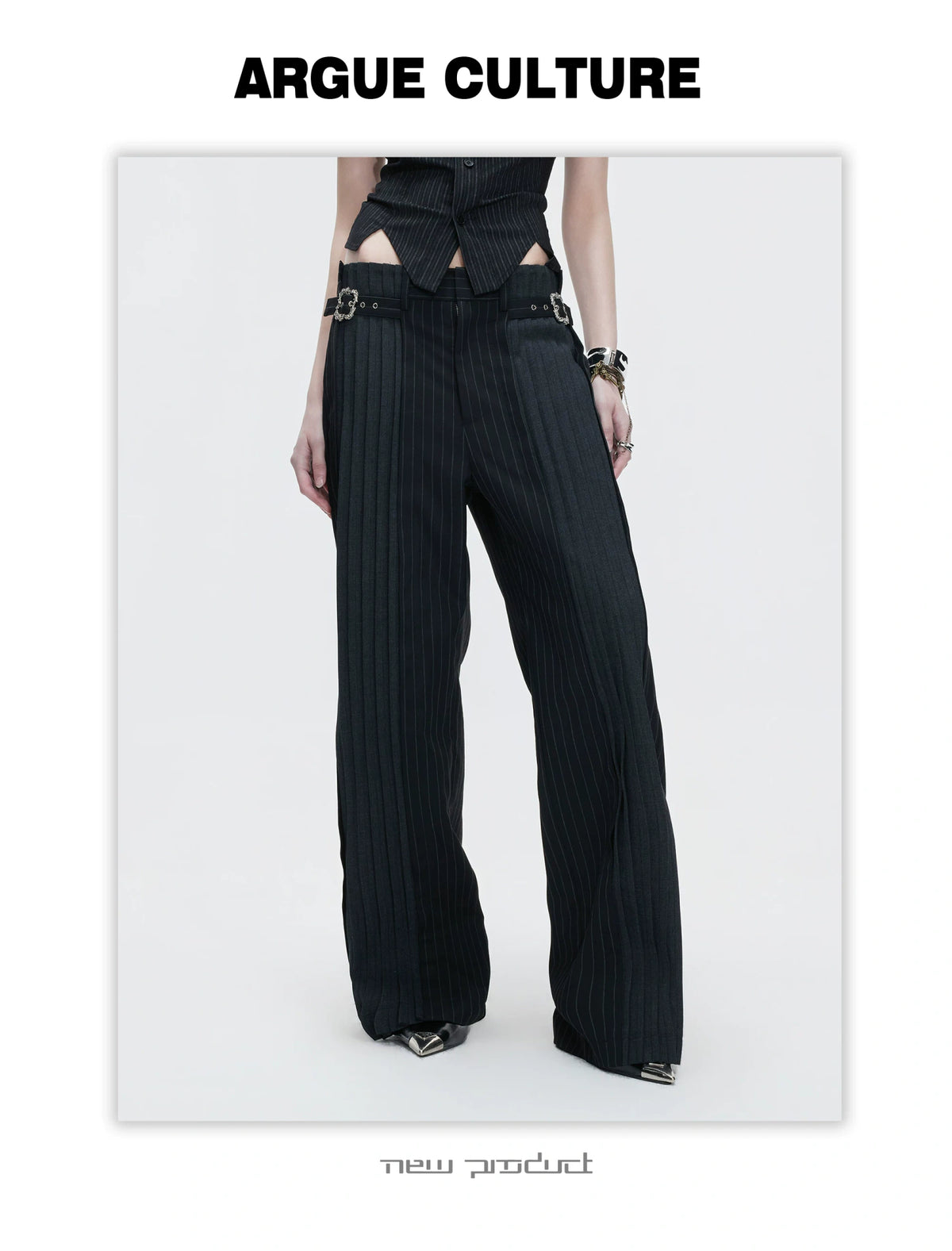 Pleated Stripe Wide-Leg Trousers in Black - description image 6