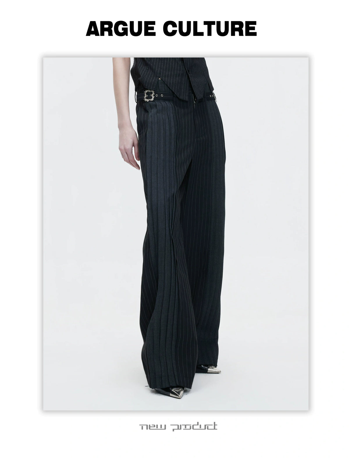 Pleated Stripe Wide-Leg Trousers in Black - description image 7