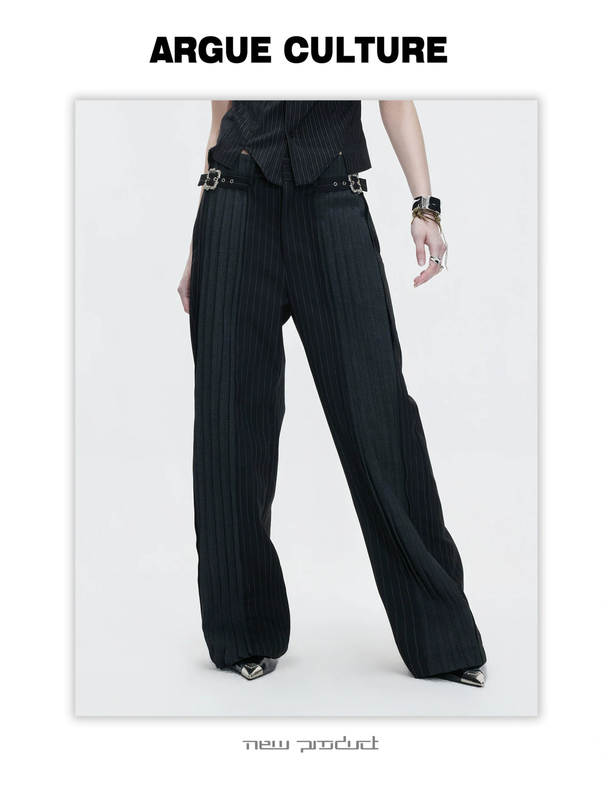 Pleated Stripe Wide-Leg Trousers in Black - description image 8
