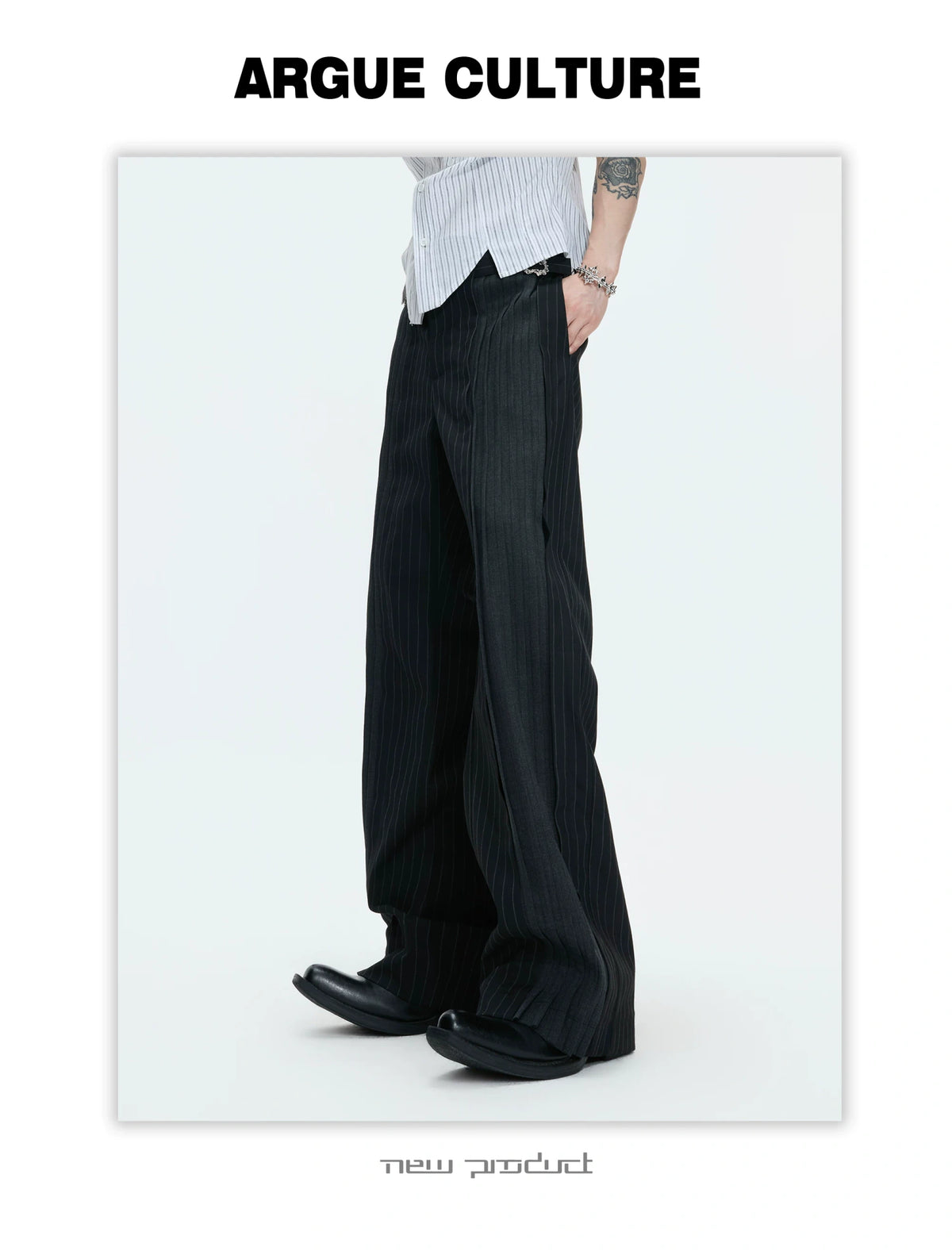 Pleated Stripe Wide-Leg Trousers in Black - description image 9