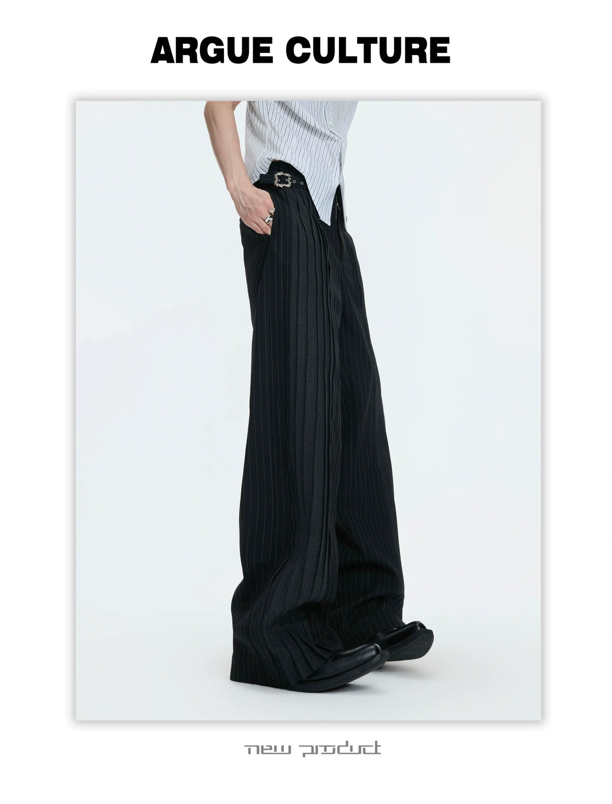 Pleated Stripe Wide-Leg Trousers in Black - description image 10