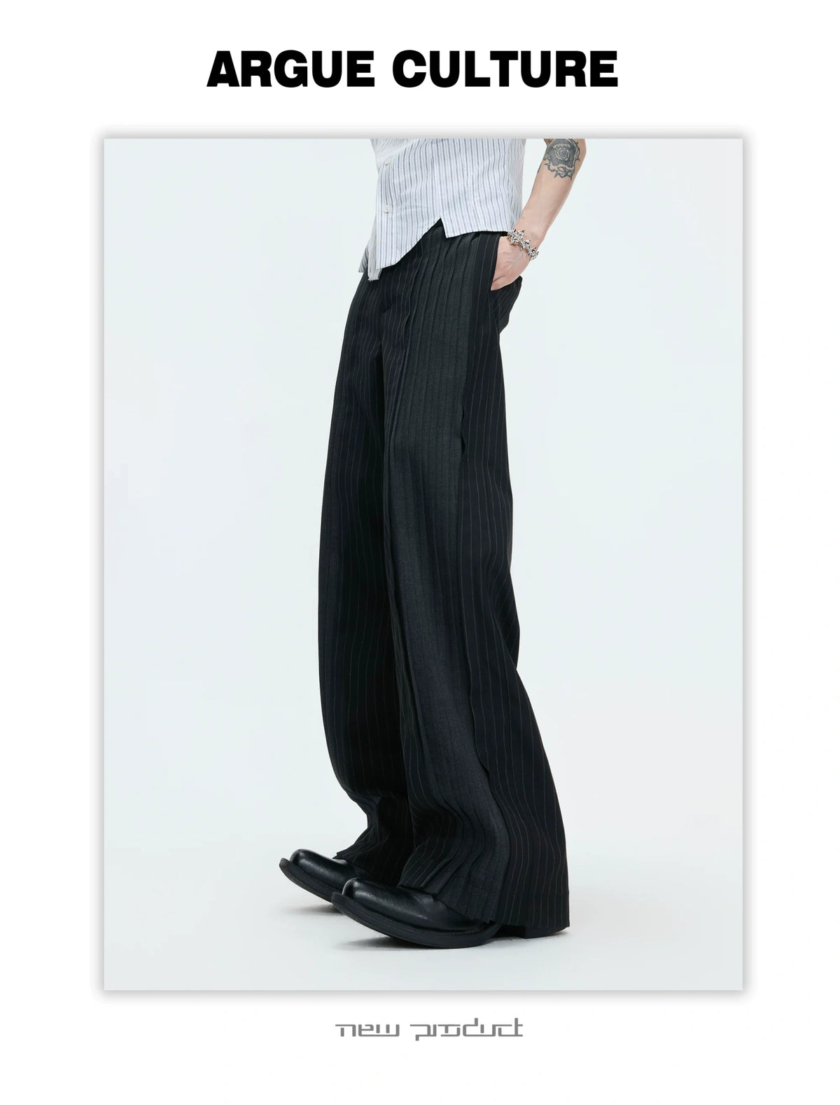 Pleated Stripe Wide-Leg Trousers in Black - description image 11