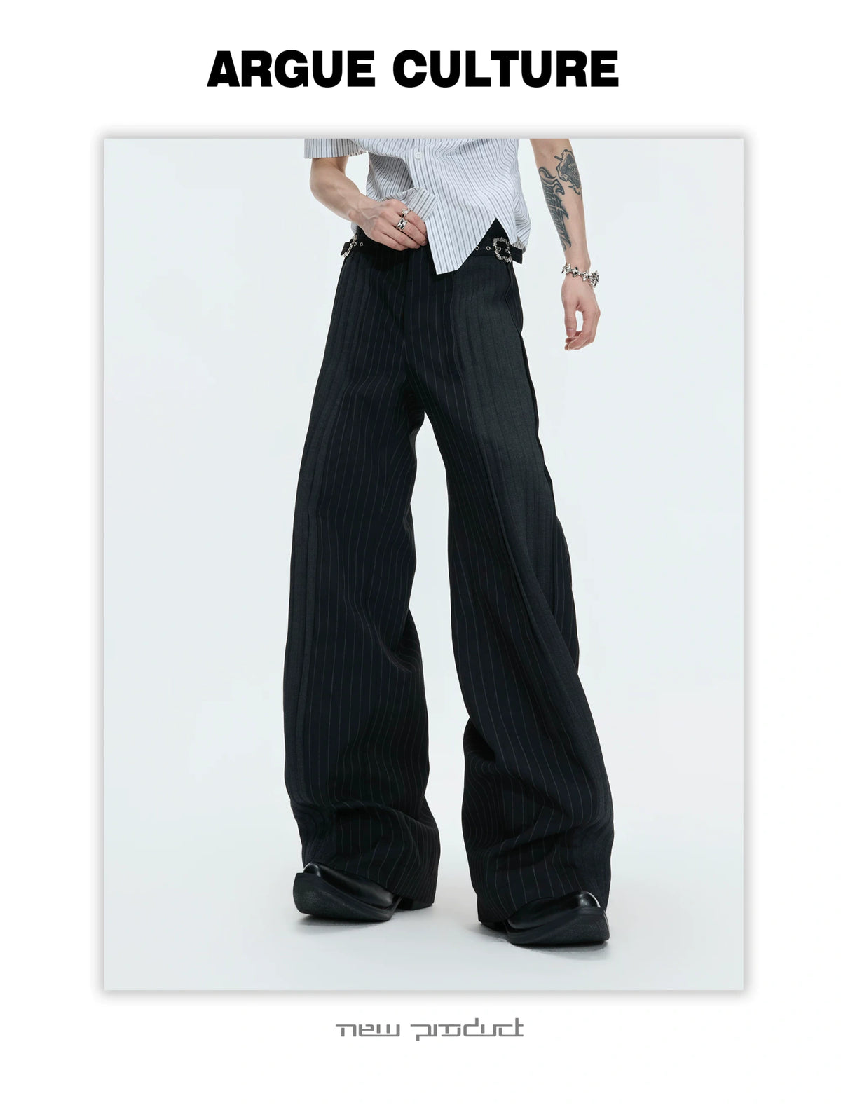 Pleated Stripe Wide-Leg Trousers in Black - description image 12