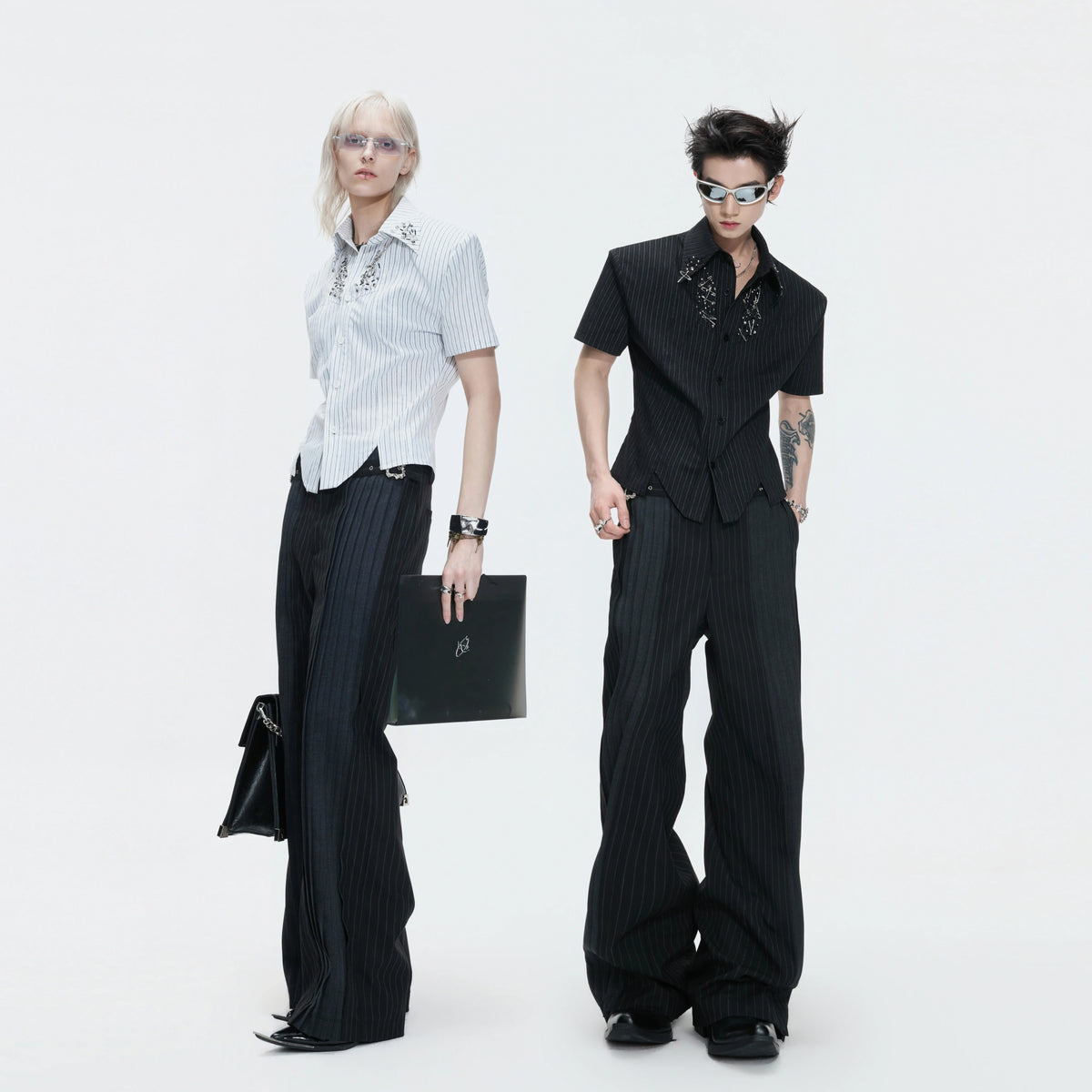 Pleated Stripe Wide-Leg Trousers in Black - main image 2