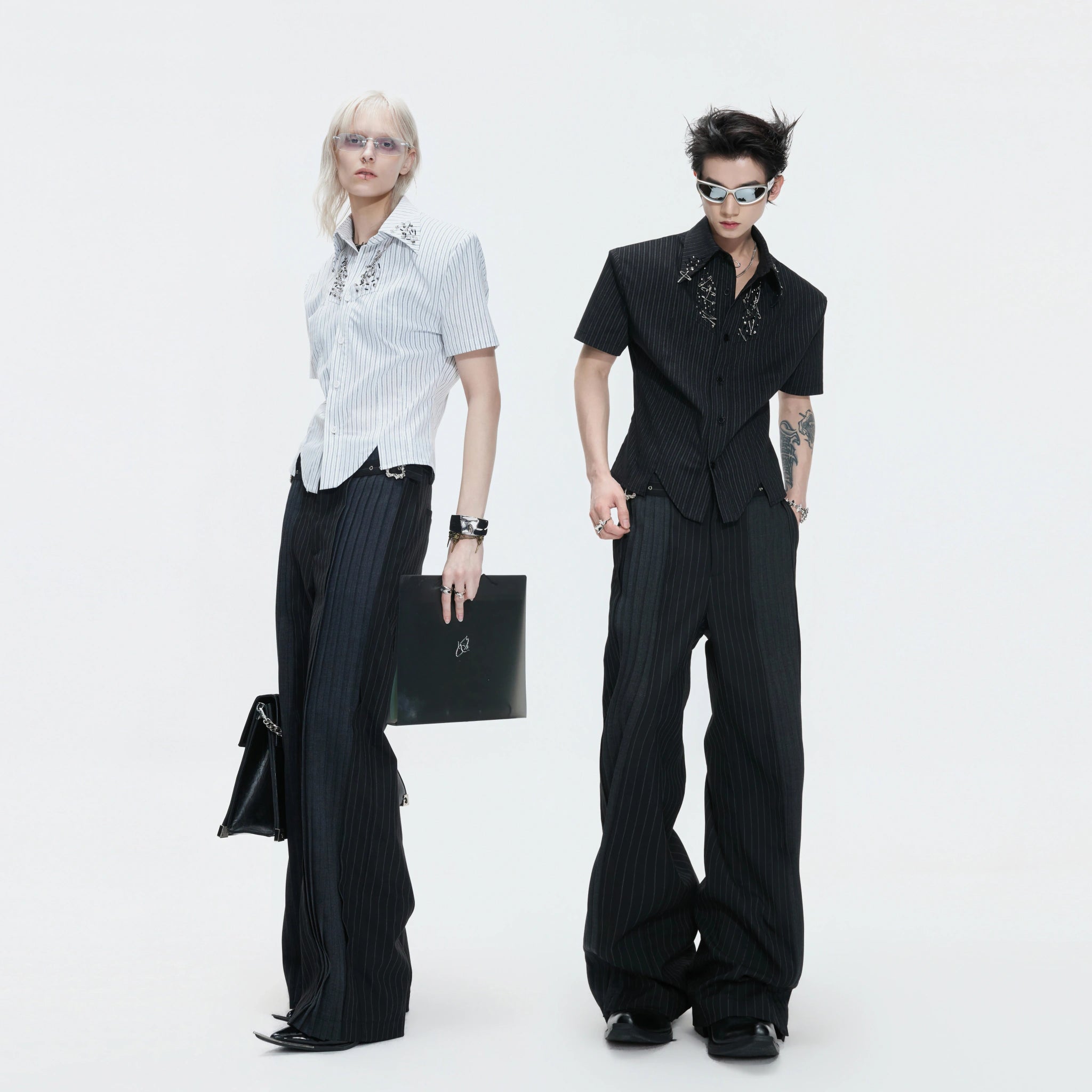 Pleated Stripe Wide-Leg Trousers in Black - main image 2