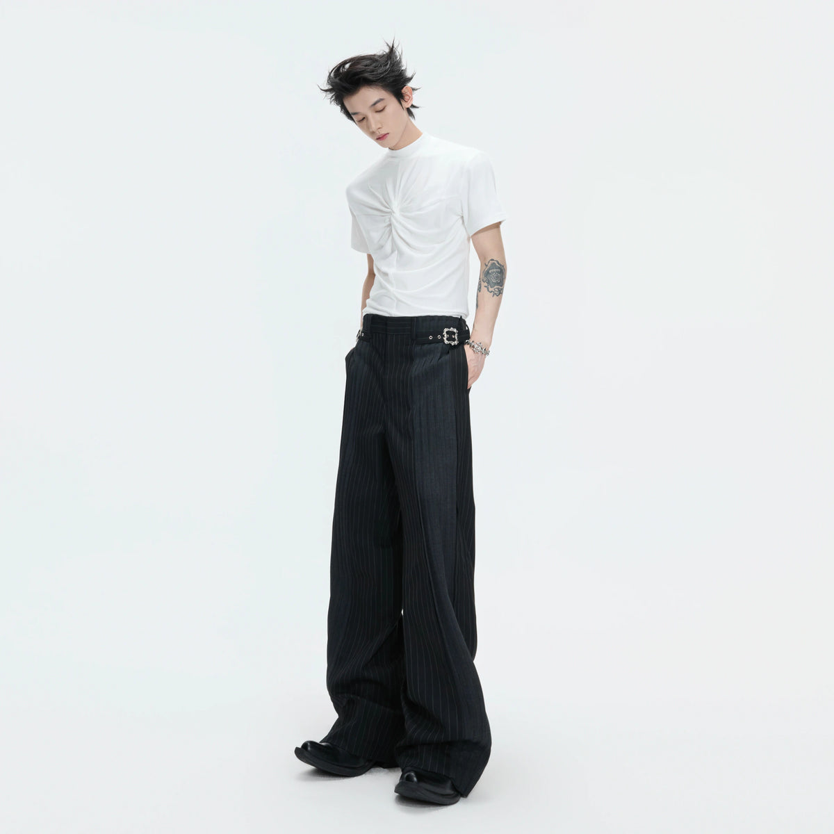 Pleated Stripe Wide-Leg Trousers in Black - main image 5