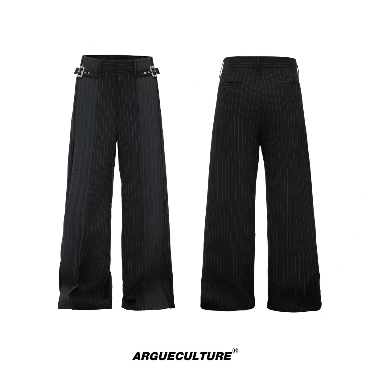 Pleated Stripe Wide-Leg Trousers in Black - Black