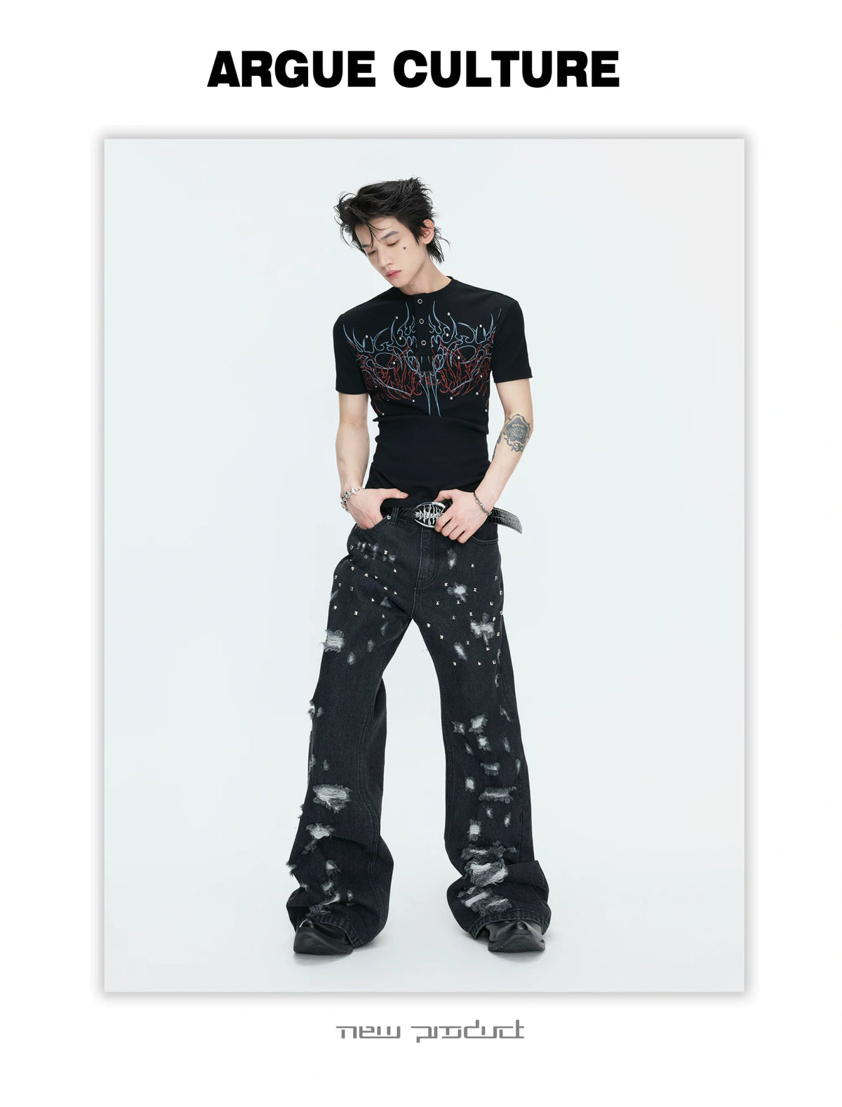 Distressed Rivet Wide-Leg Jeans in Washed Black - description image 5
