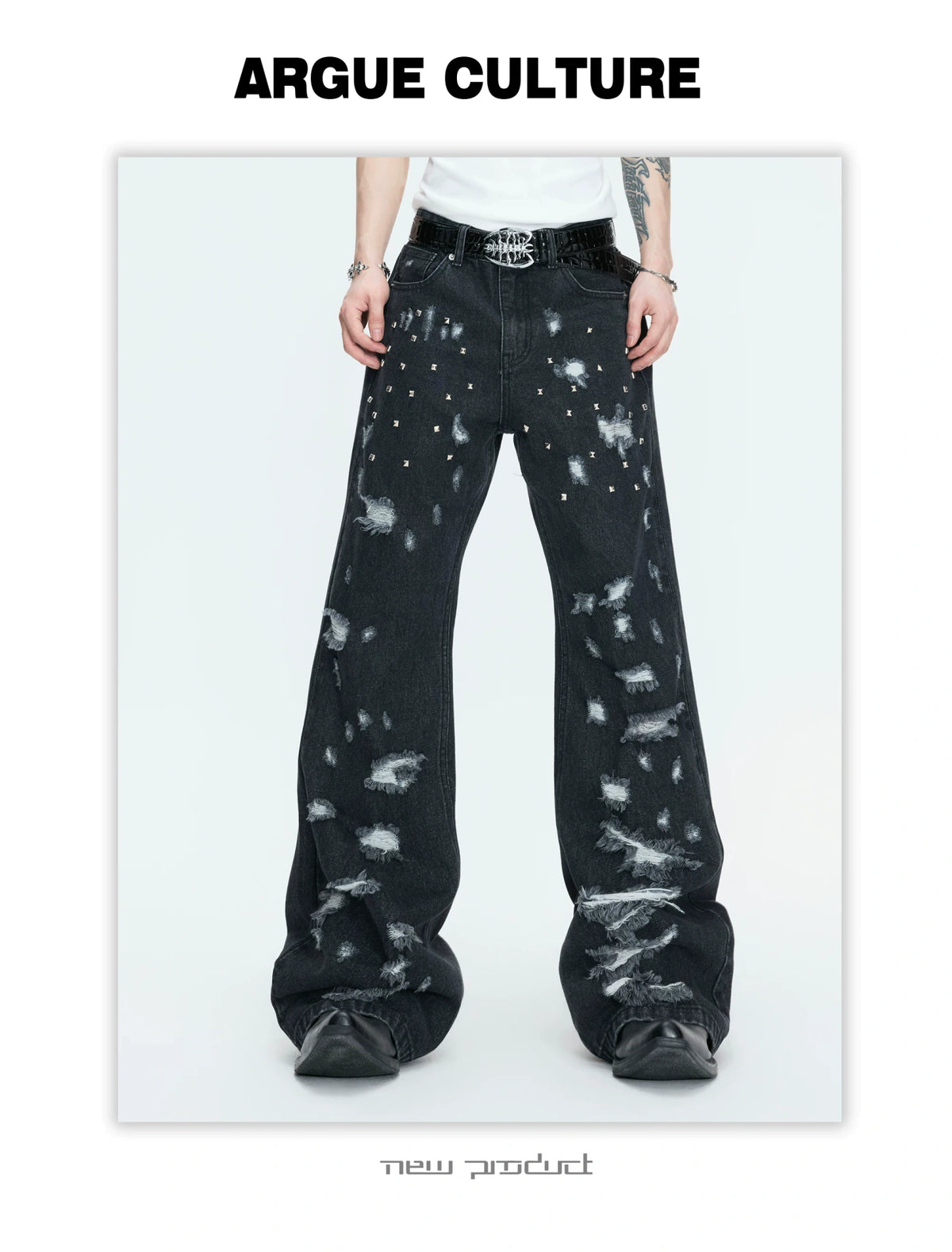 Distressed Rivet Wide-Leg Jeans in Washed Black - description image 6