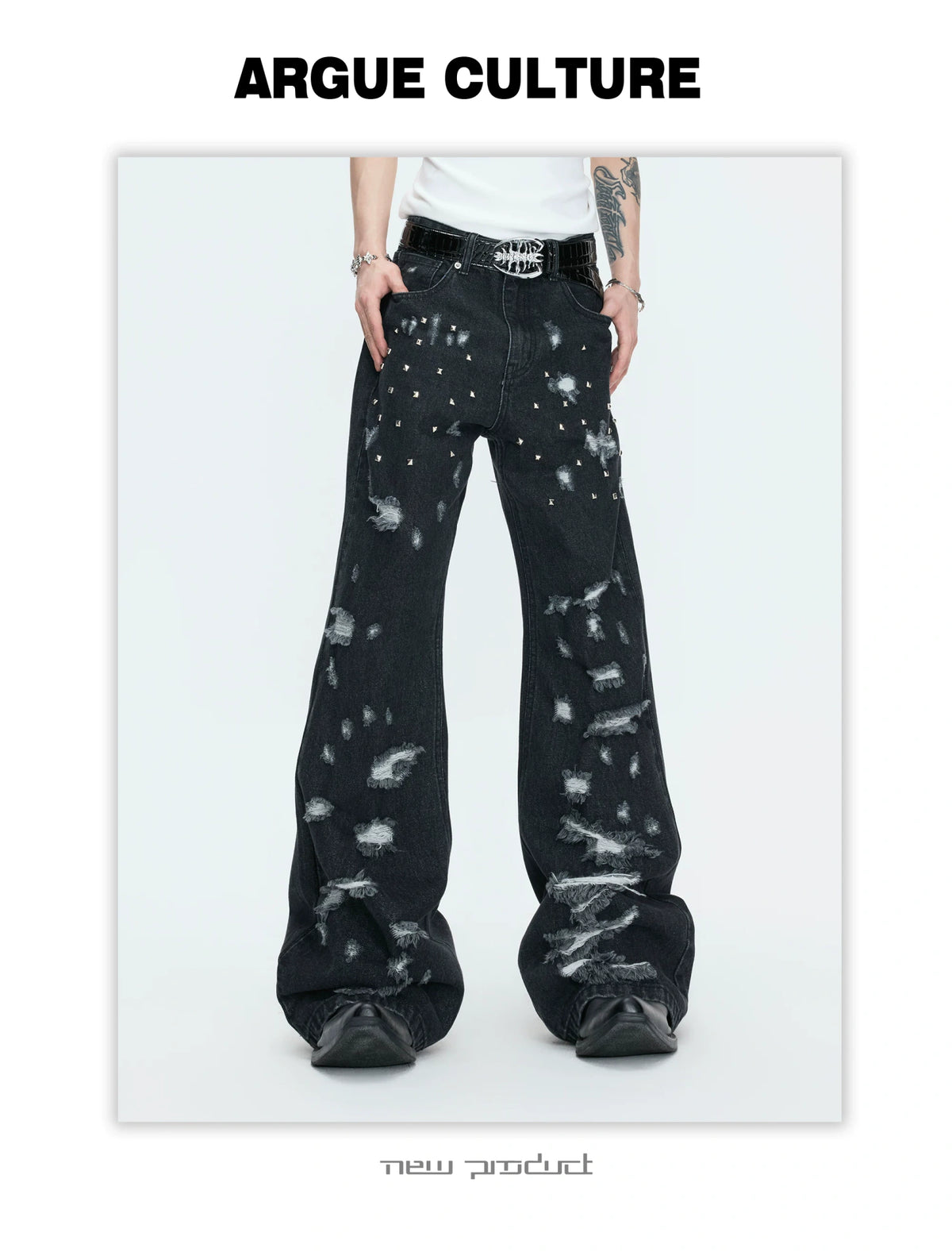 Distressed Rivet Wide-Leg Jeans in Washed Black - description image 7
