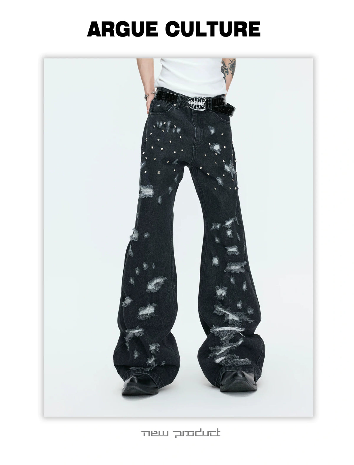 Distressed Rivet Wide-Leg Jeans in Washed Black - description image 8