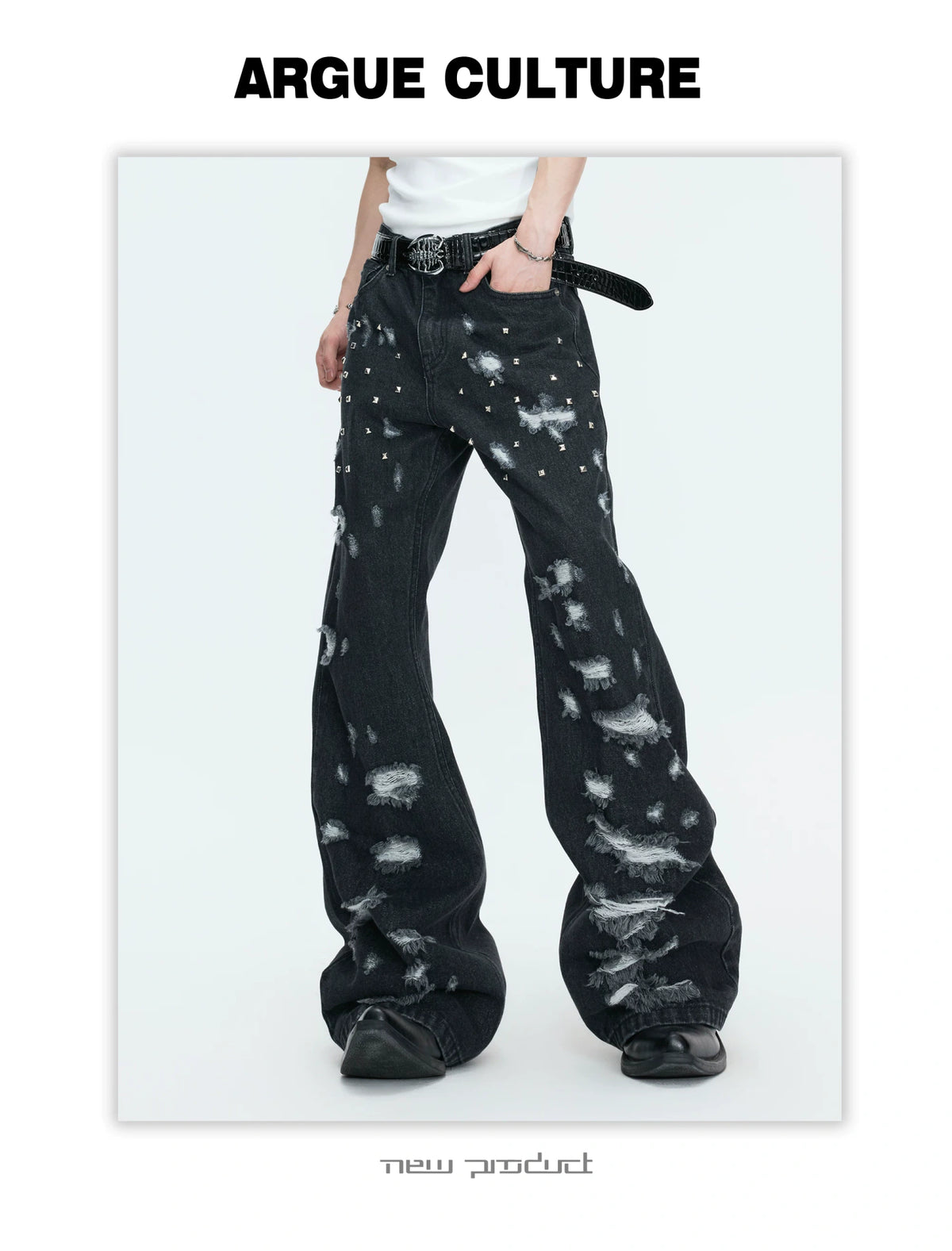 Distressed Rivet Wide-Leg Jeans in Washed Black - description image 9