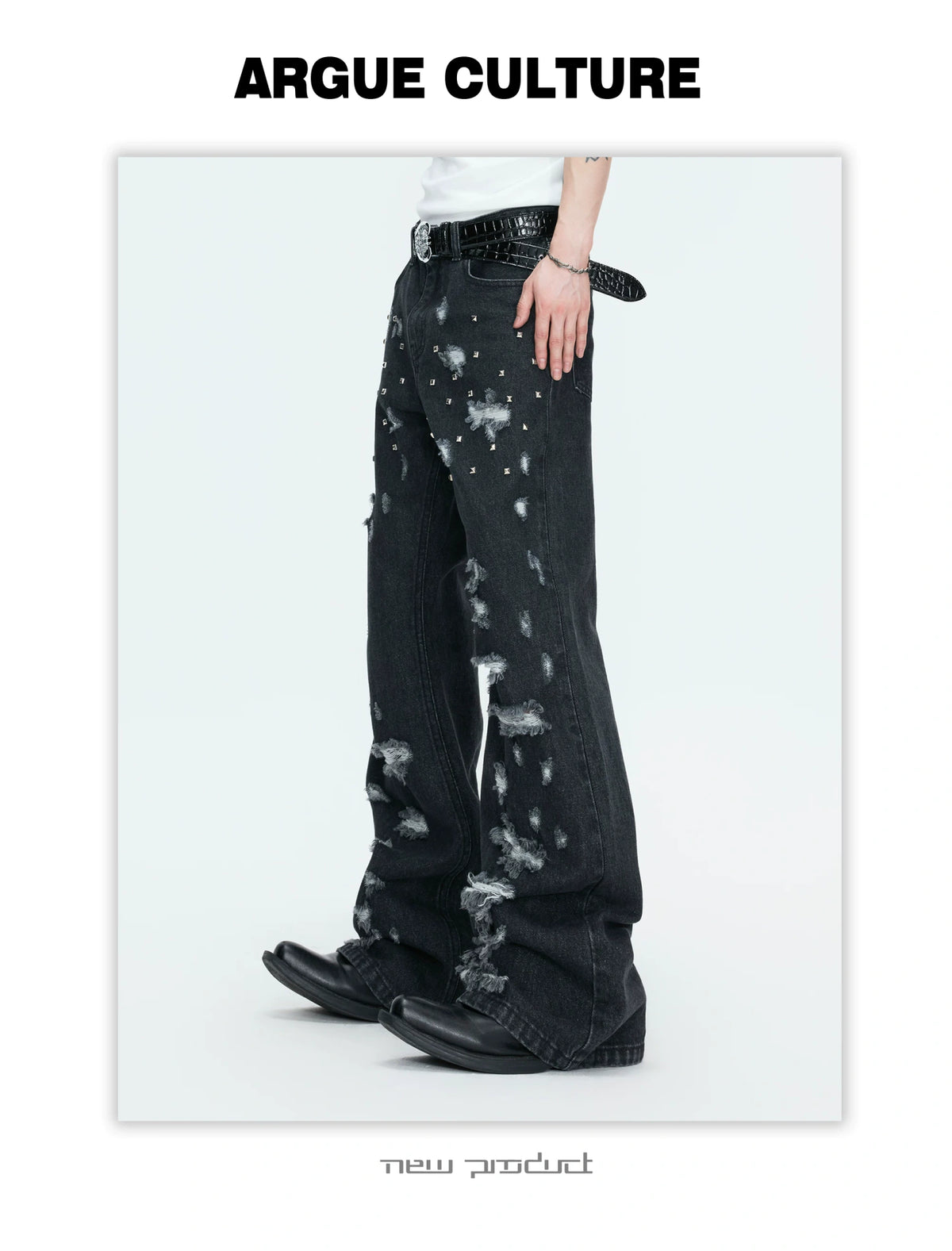 Distressed Rivet Wide-Leg Jeans in Washed Black - description image 10