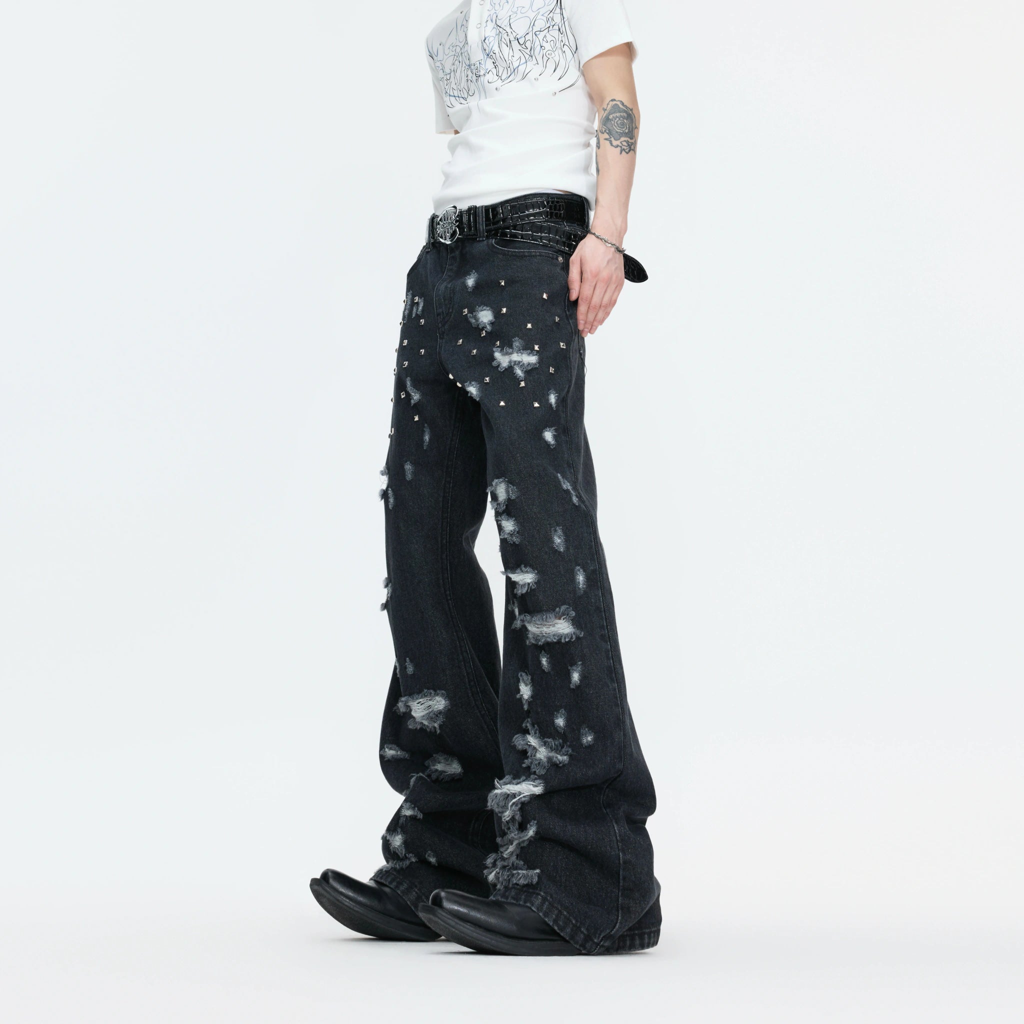 Distressed Rivet Wide-Leg Jeans in Washed Black - main image 1