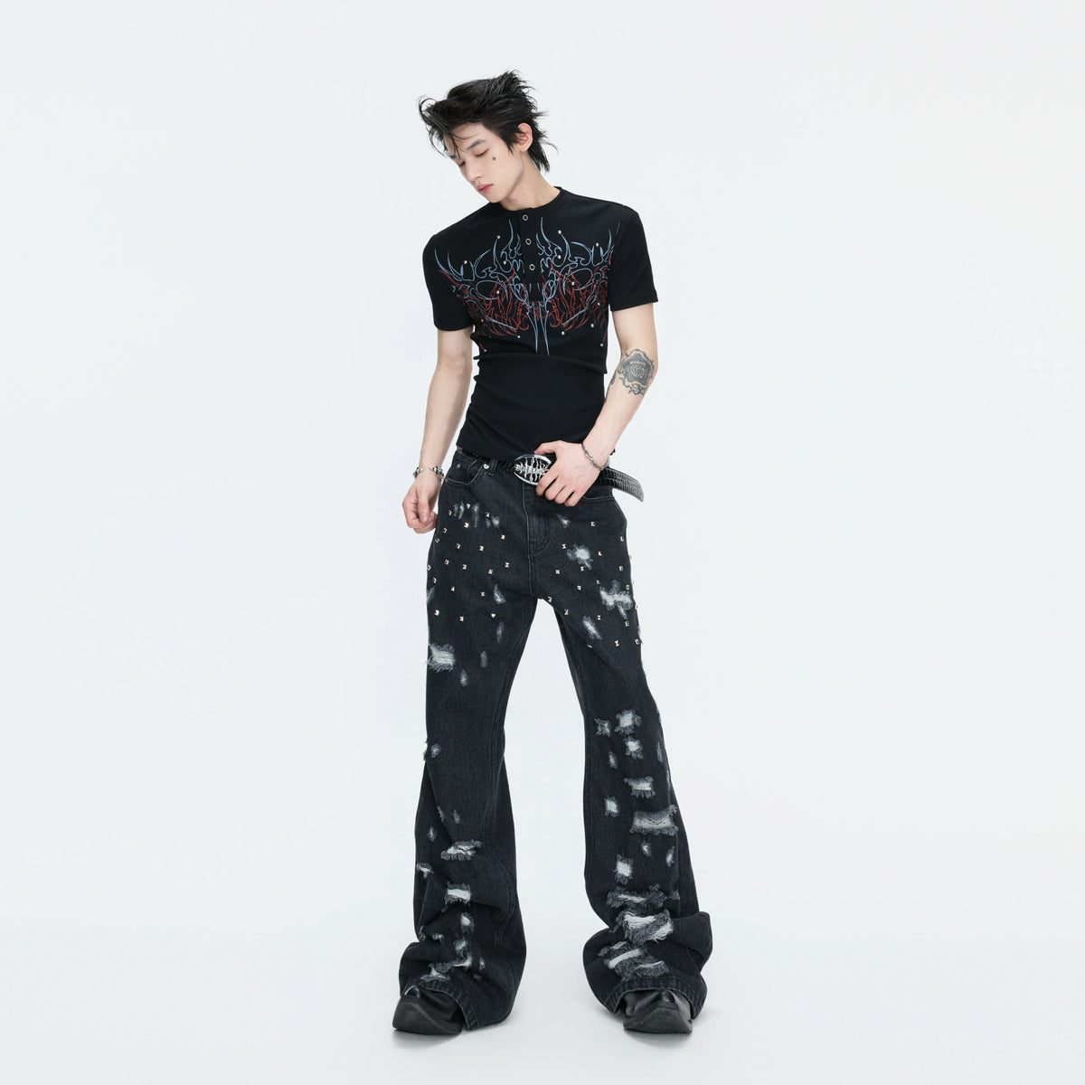 Distressed Rivet Wide-Leg Jeans in Washed Black - main image 3