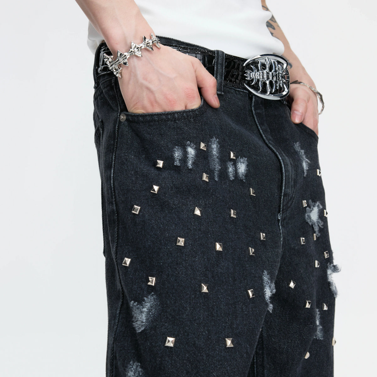Distressed Rivet Wide-Leg Jeans in Washed Black - main image 4