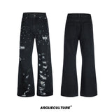 Distressed Rivet Wide-Leg Jeans in Washed Black - Black Top