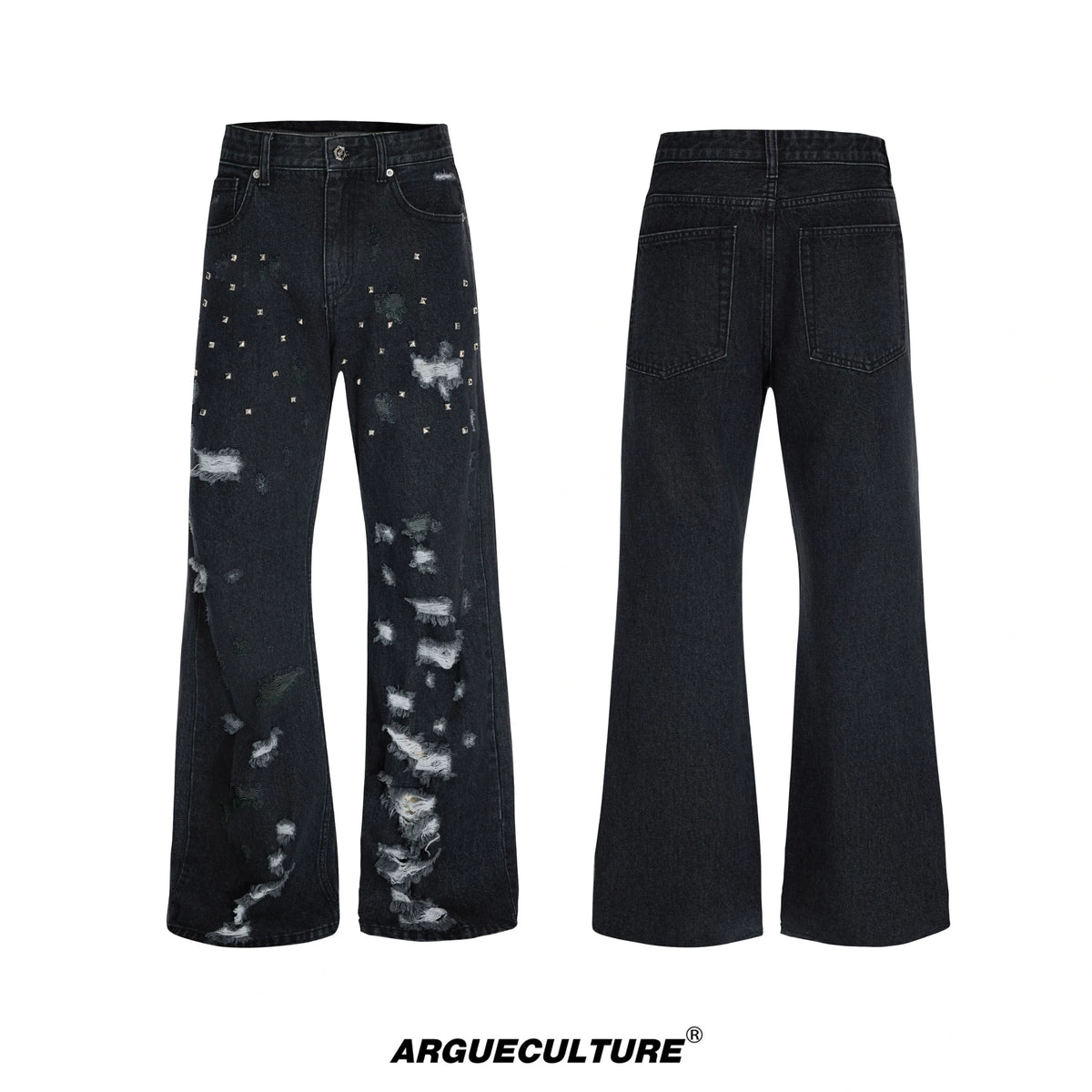Distressed Rivet Wide-Leg Jeans in Washed Black - Black Top