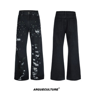 Distressed Rivet Wide-Leg Jeans in Washed Black - Black Top