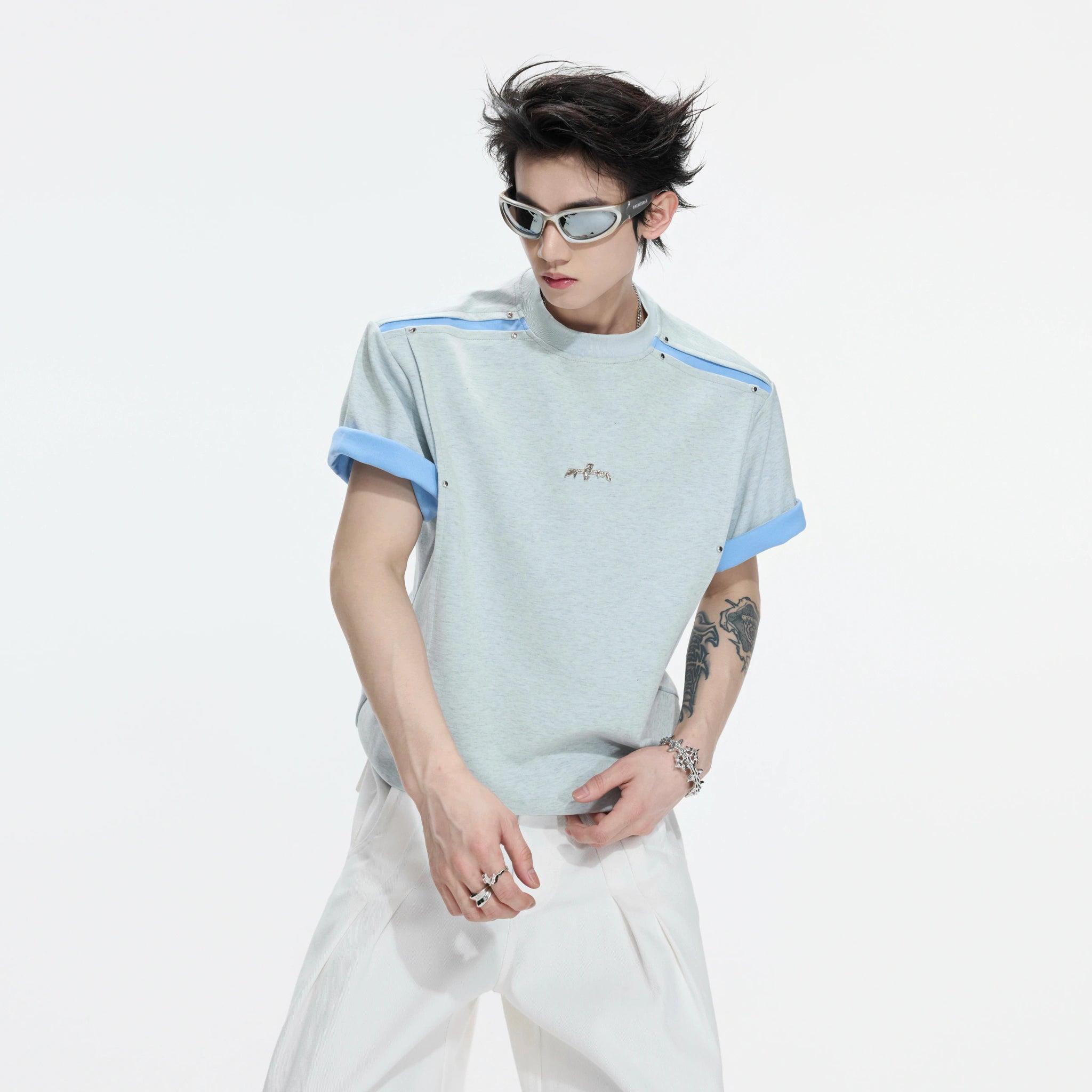 Contrast-Panel Unisex Crew Neck T-Shirt for Summer - main image 1