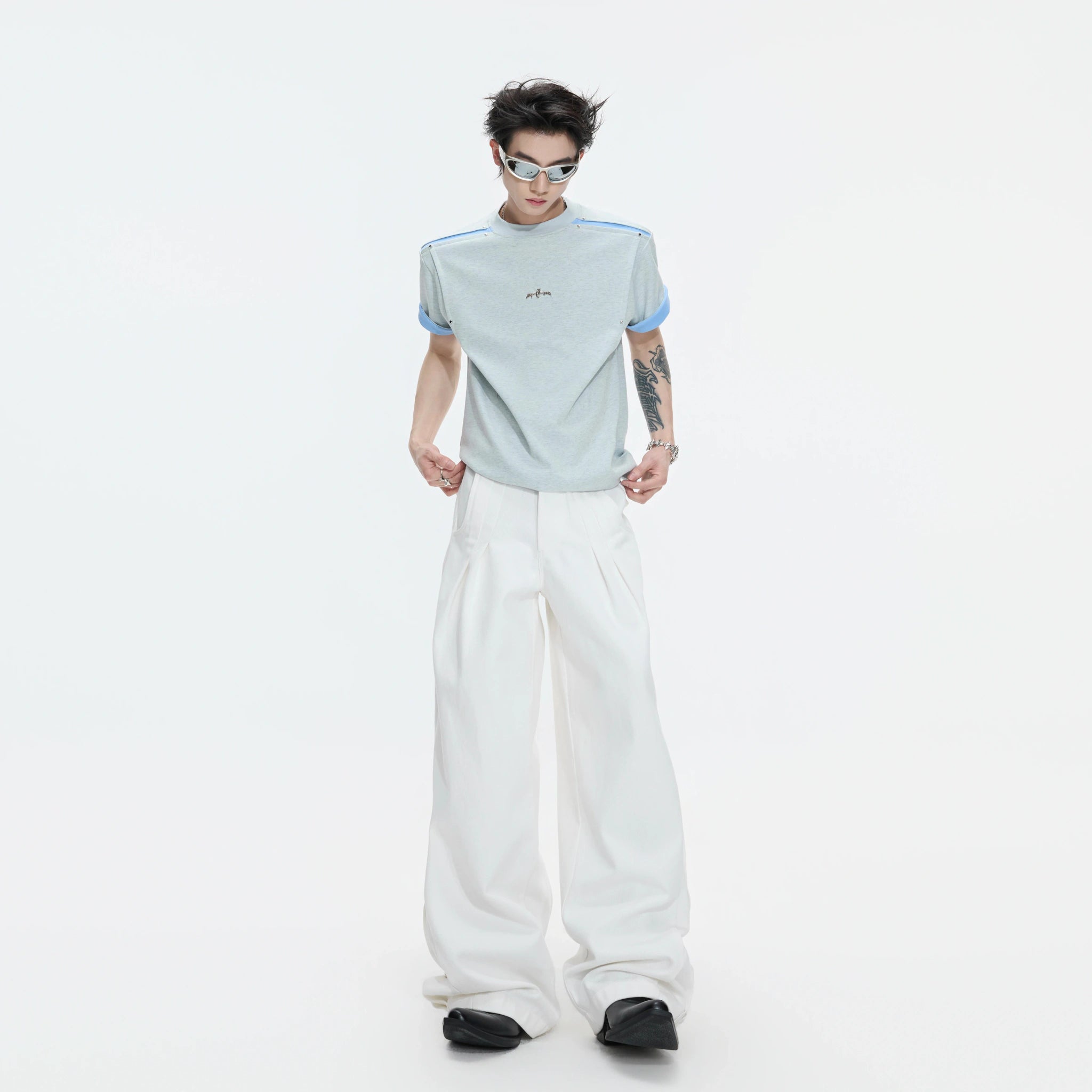 Contrast-Panel Unisex Crew Neck T-Shirt for Summer - main image 4