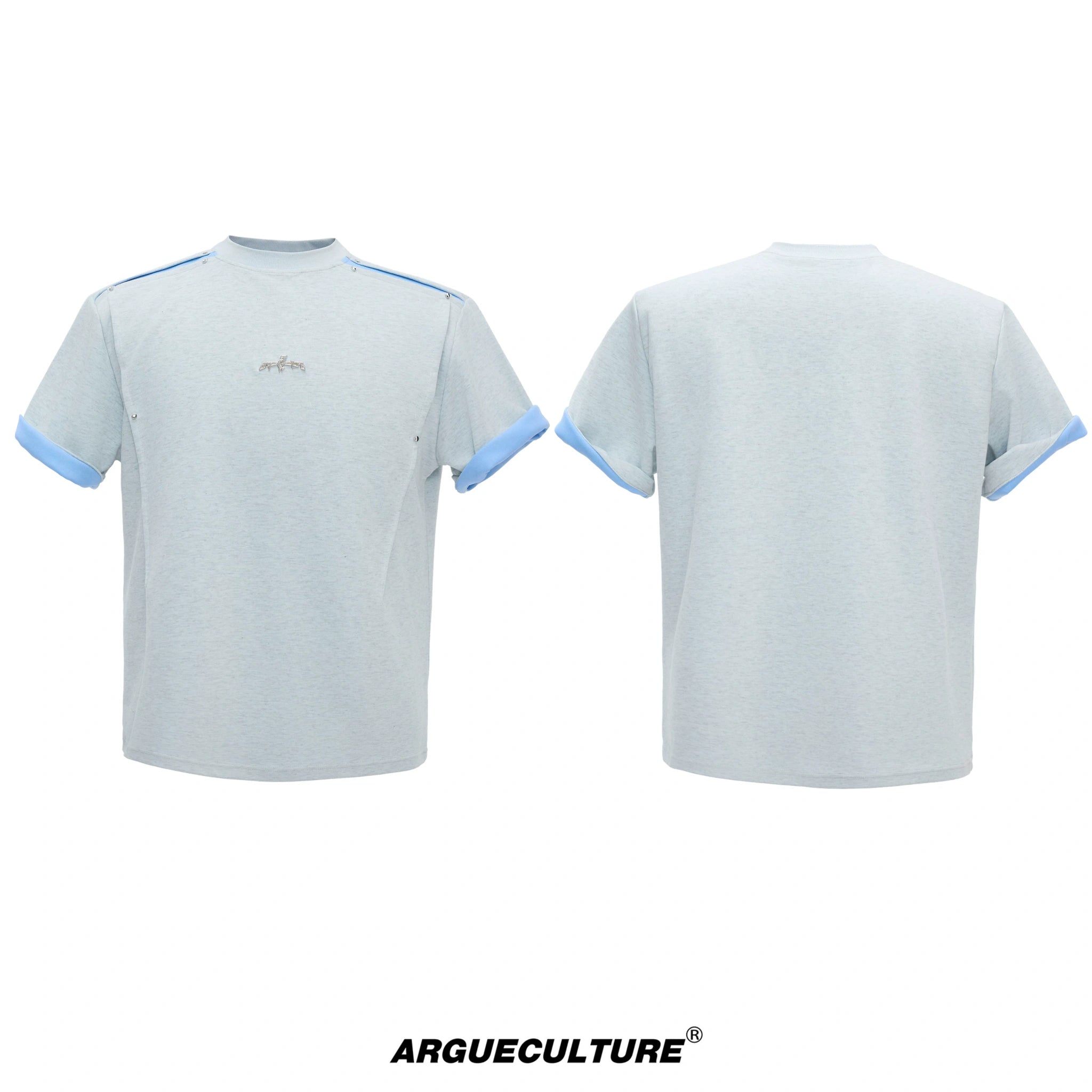 Contrast-Panel Unisex Crew Neck T-Shirt for Summer - Gray Blue Top