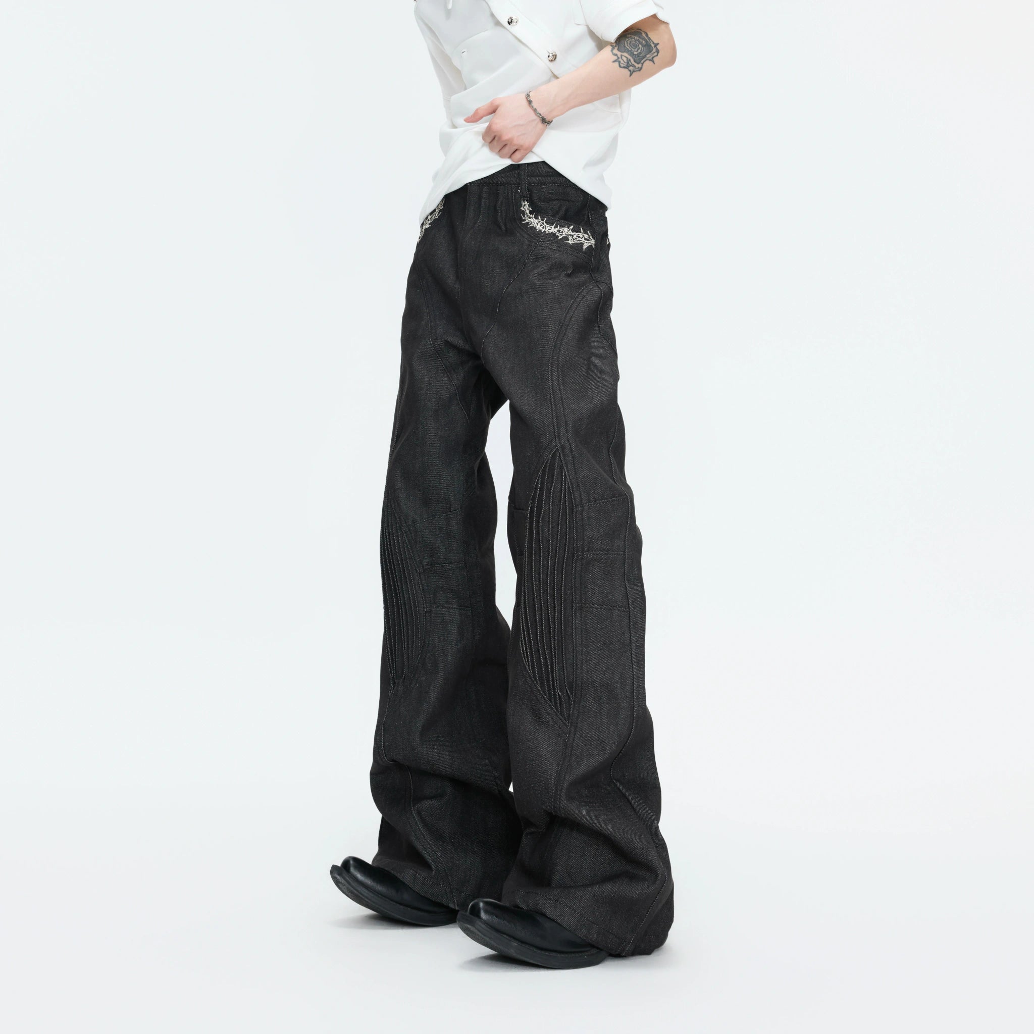 14 oz Black Raw Denim Deconstructed Straight-Leg Jeans - main image 1