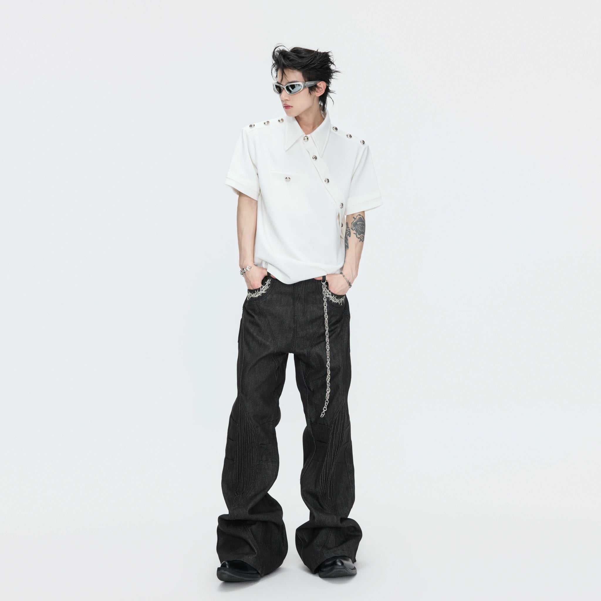 14 oz Black Raw Denim Deconstructed Straight-Leg Jeans - main image 3