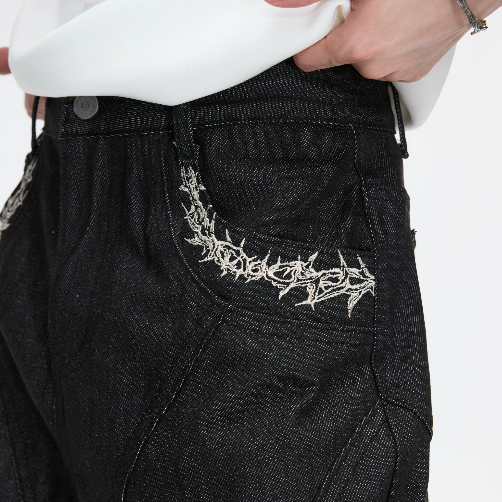 14 oz Black Raw Denim Deconstructed Straight-Leg Jeans - main image 4