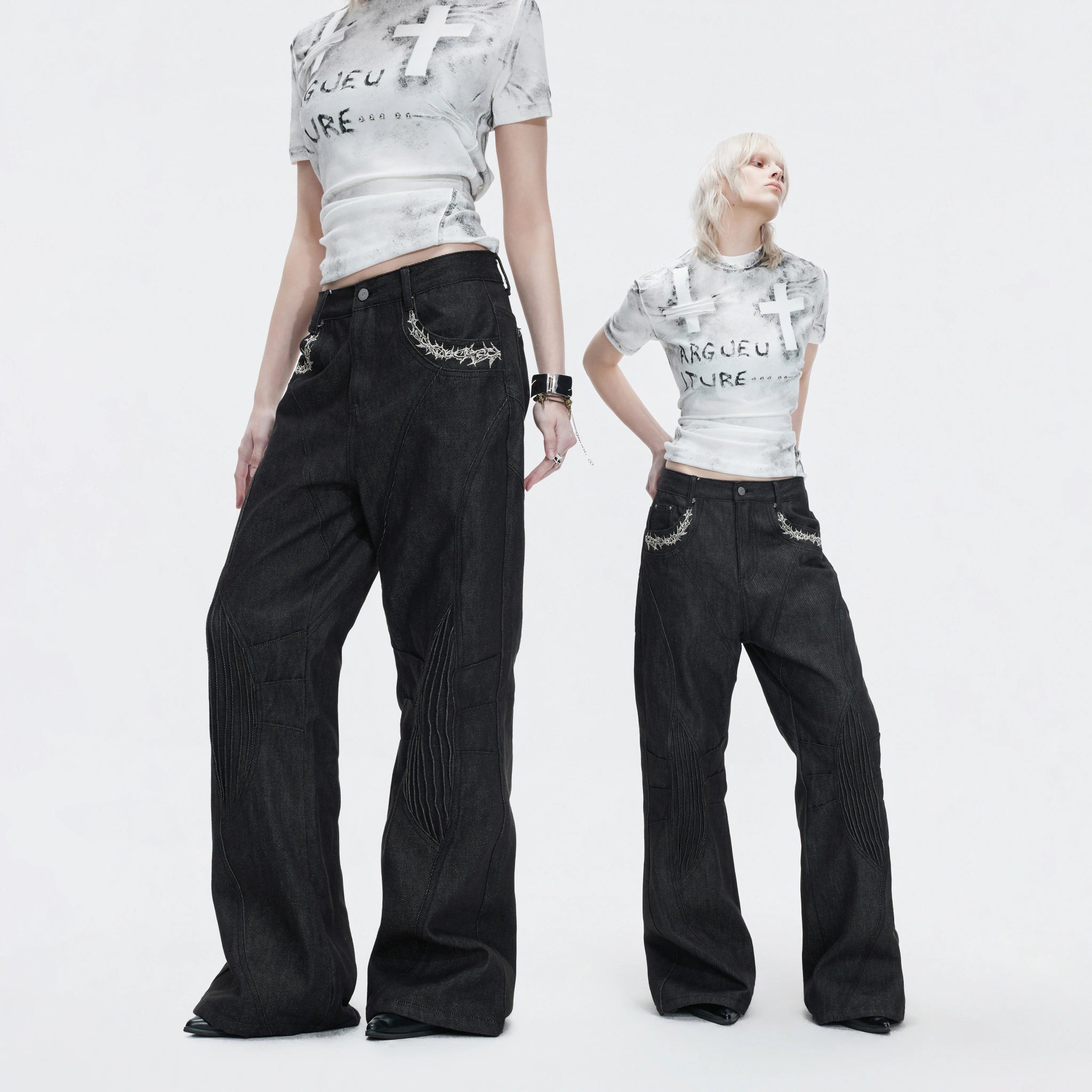 14 oz Black Raw Denim Deconstructed Straight-Leg Jeans - main image 5