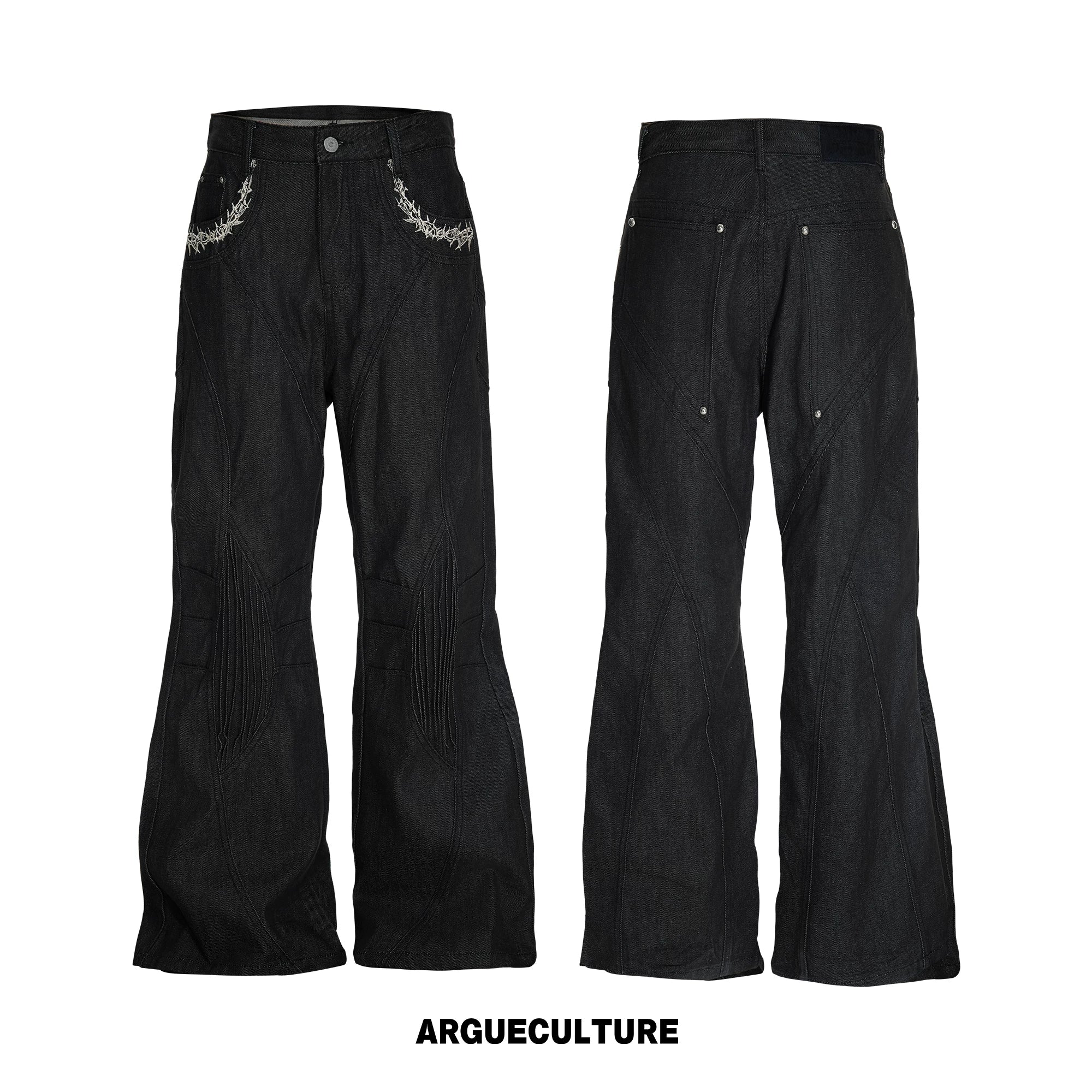 14 oz Black Raw Denim Deconstructed Straight-Leg Jeans - Black Pants