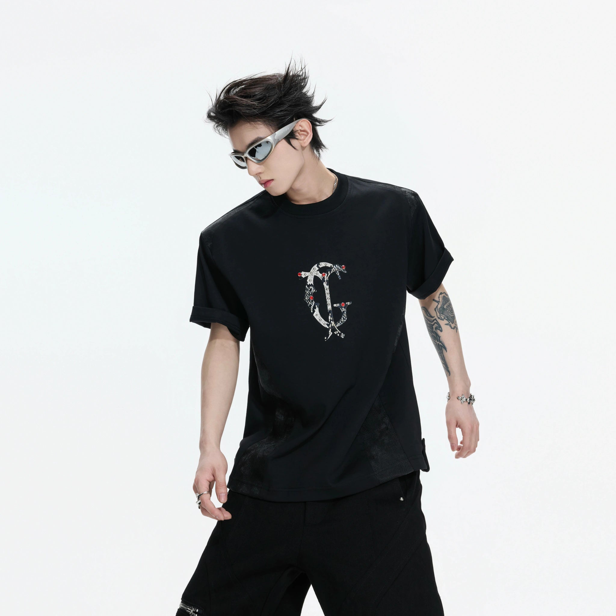 Snake-Pattern Deconstructed Graphic T-Shirt | Black - main image 1