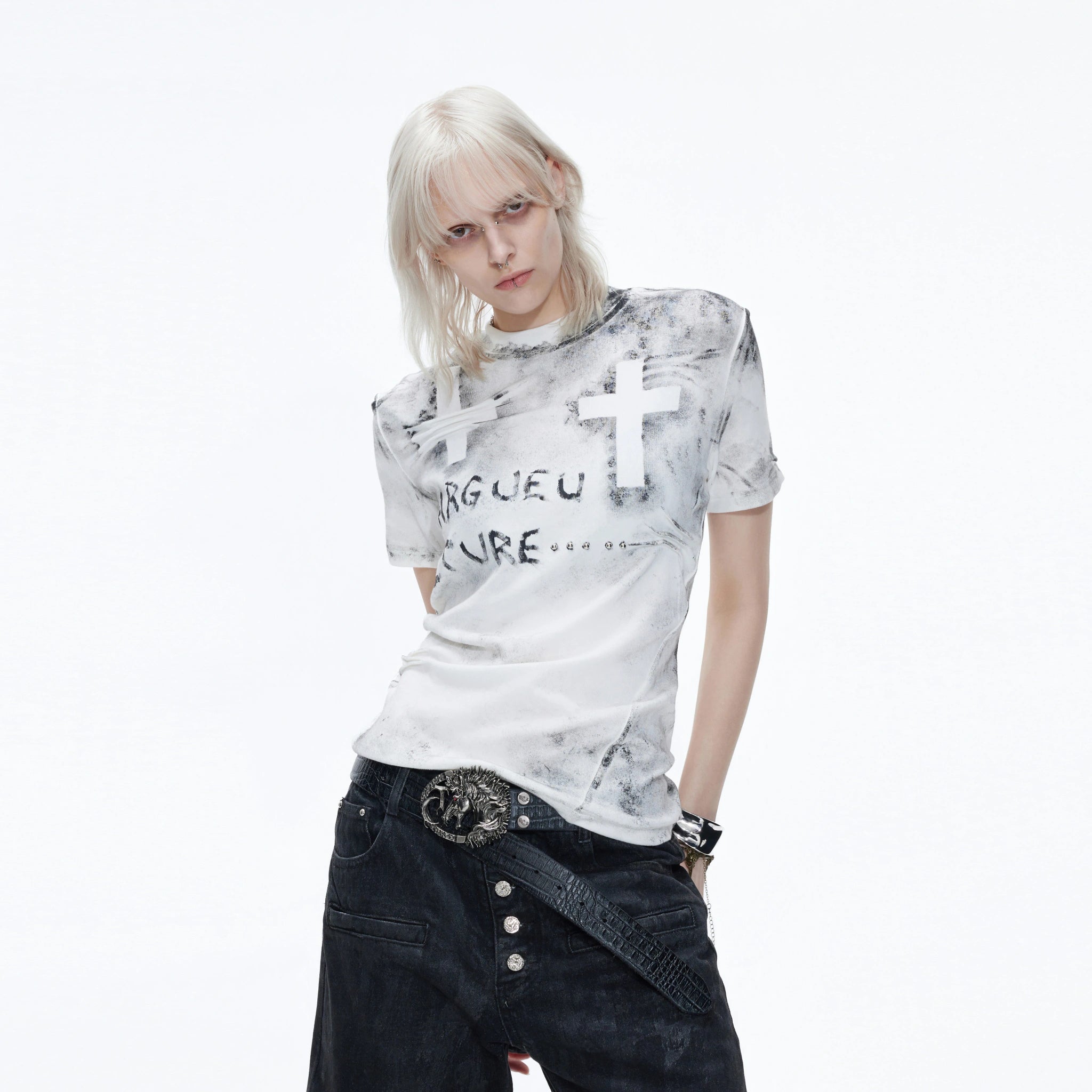 Distressed Cross Graphic Fitted T-Shirt | Cotton Blend - main image 1