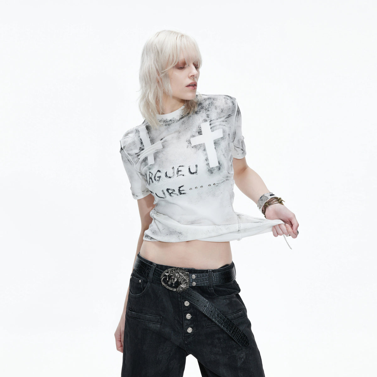 Distressed Cross Graphic Fitted T-Shirt | Cotton Blend - main image 4