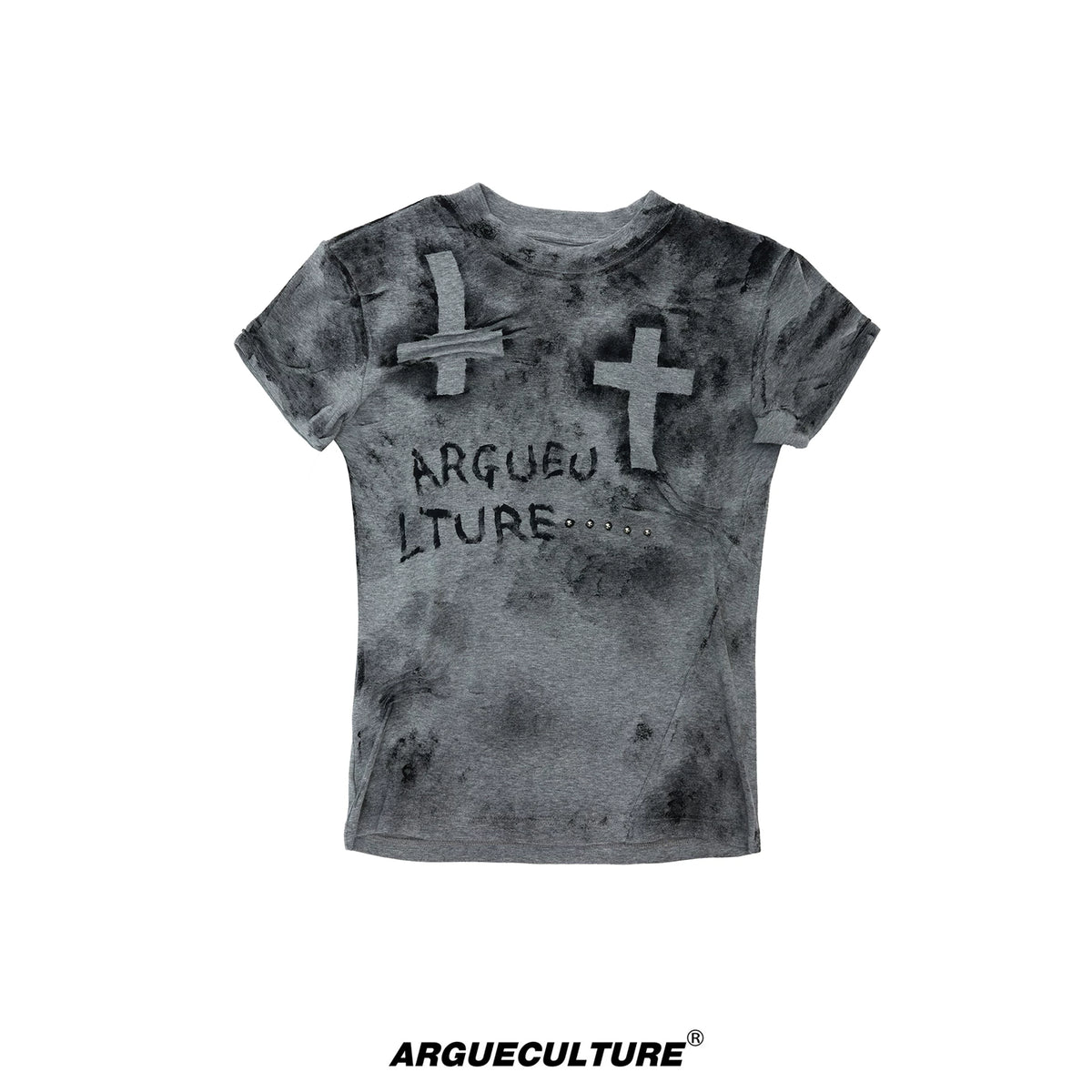 Distressed Cross Graphic Fitted T-Shirt | Cotton Blend - Gray