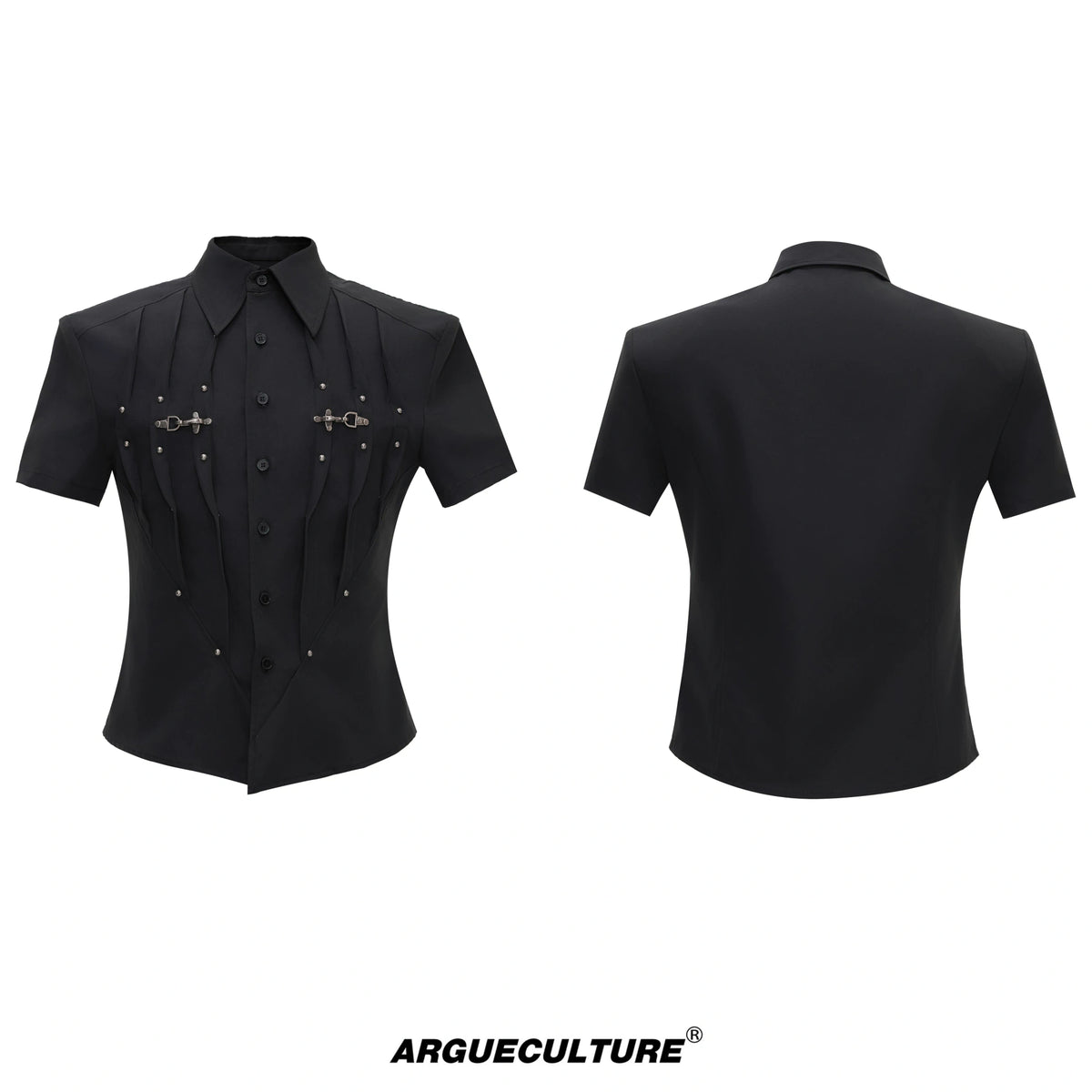 Pleated Waist-Cinched Short-Sleeve Shirt | Avant-Garde - Black