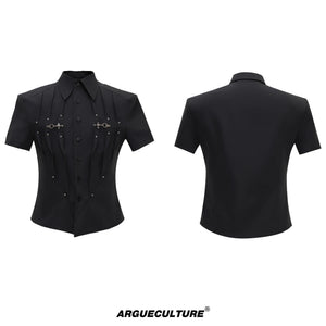 Pleated Waist-Cinched Short-Sleeve Shirt | Avant-Garde - Black